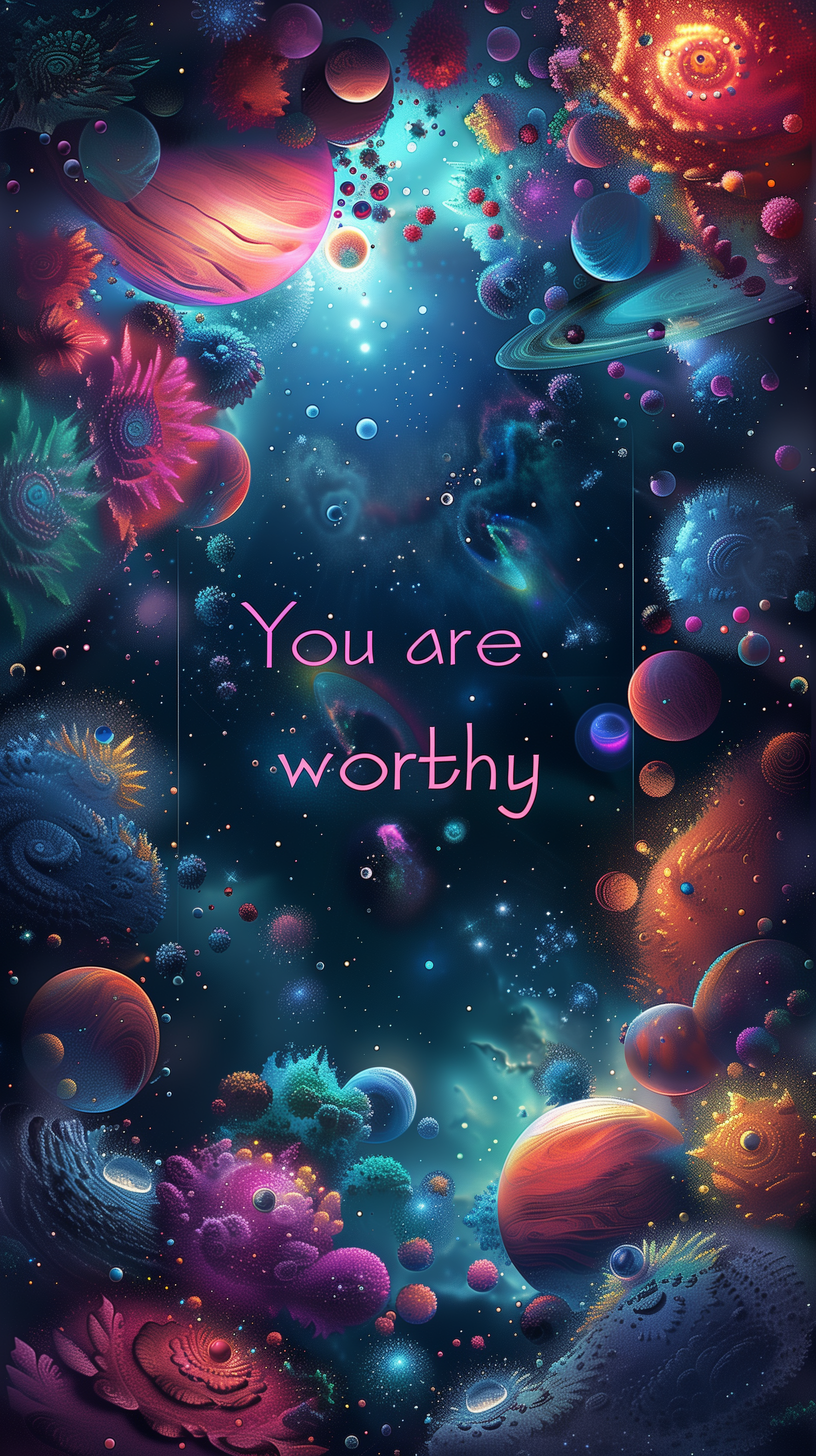 Inspirational phone wallpaper featuring vibrant cosmic scene with planets and the motivational phrase You are worthy.