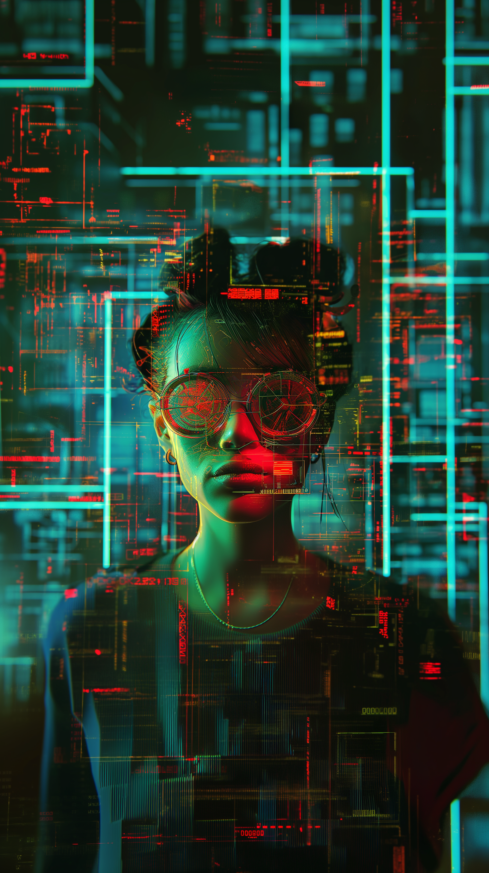 Trendy hipster style phone wallpaper featuring a person with glitch art effect and neon digital lines overlay.