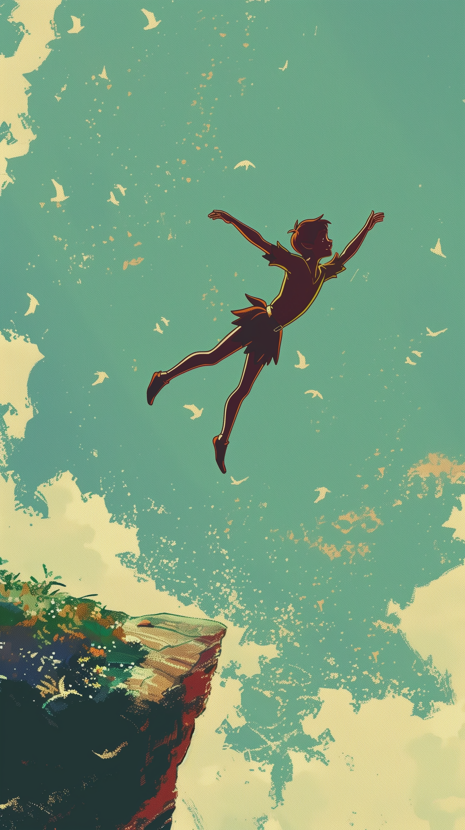 Artistic Peter Pan phone wallpaper featuring the silhouette of Peter flying above clouds with a serene teal sky backdrop.