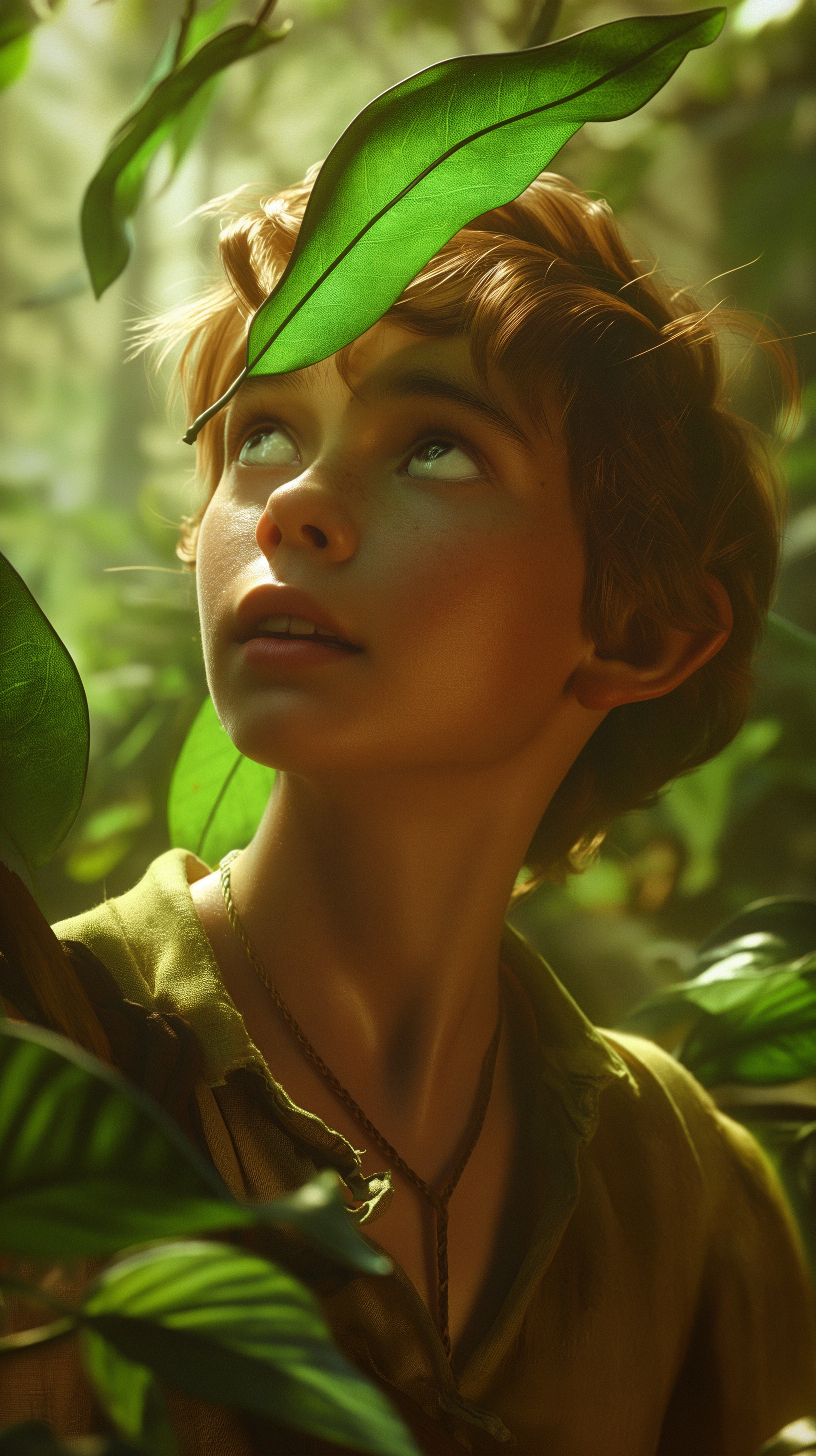 Peter Pan inspired phone wallpaper depicting a young character amidst green leaves, bathed in warm light.