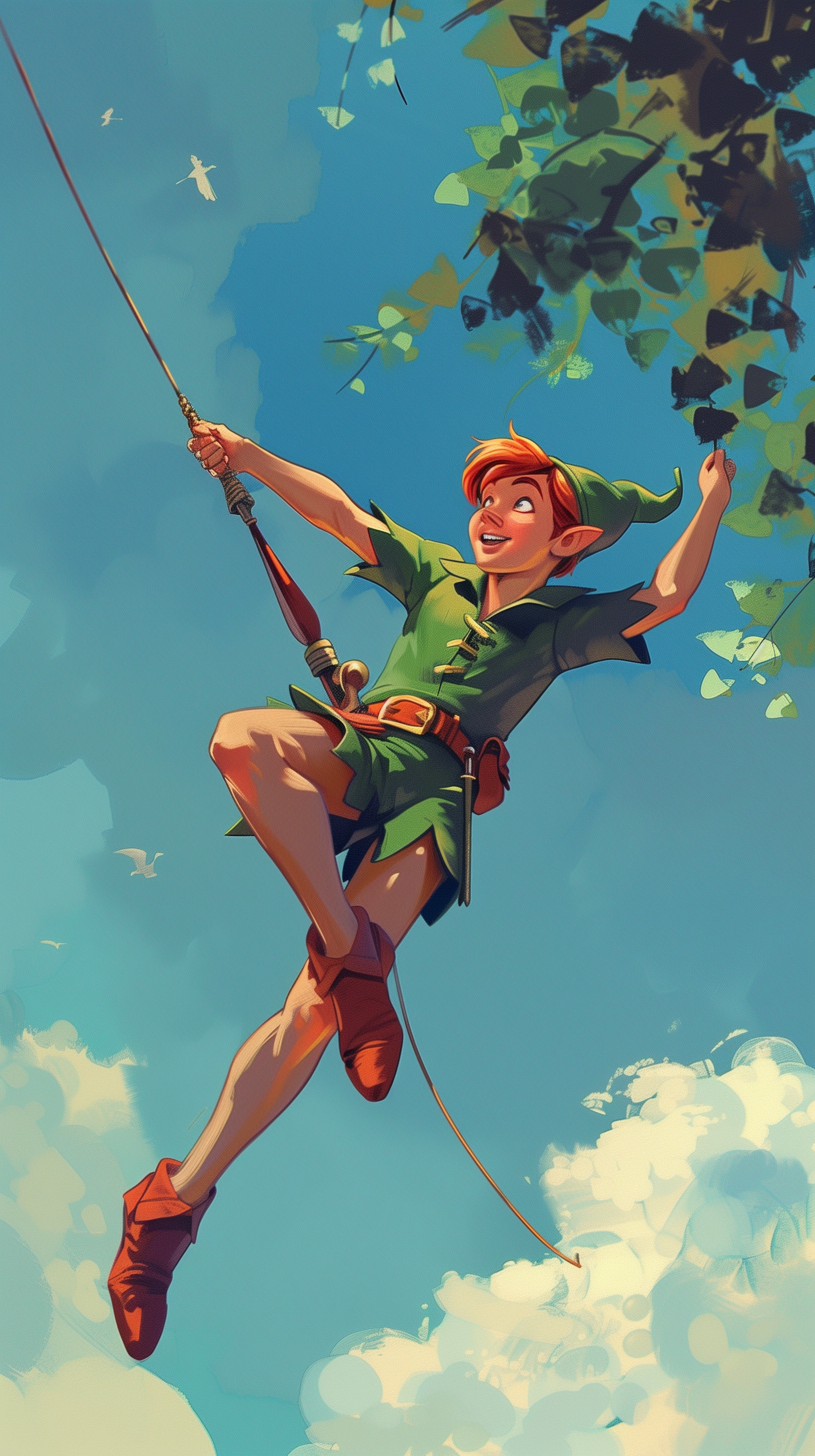 A vibrant phone wallpaper featuring Peter Pan, capturing him mid-swing from a rope, surrounded by lush greenery and a bright blue sky, exuding a sense of adventure and playfulness.