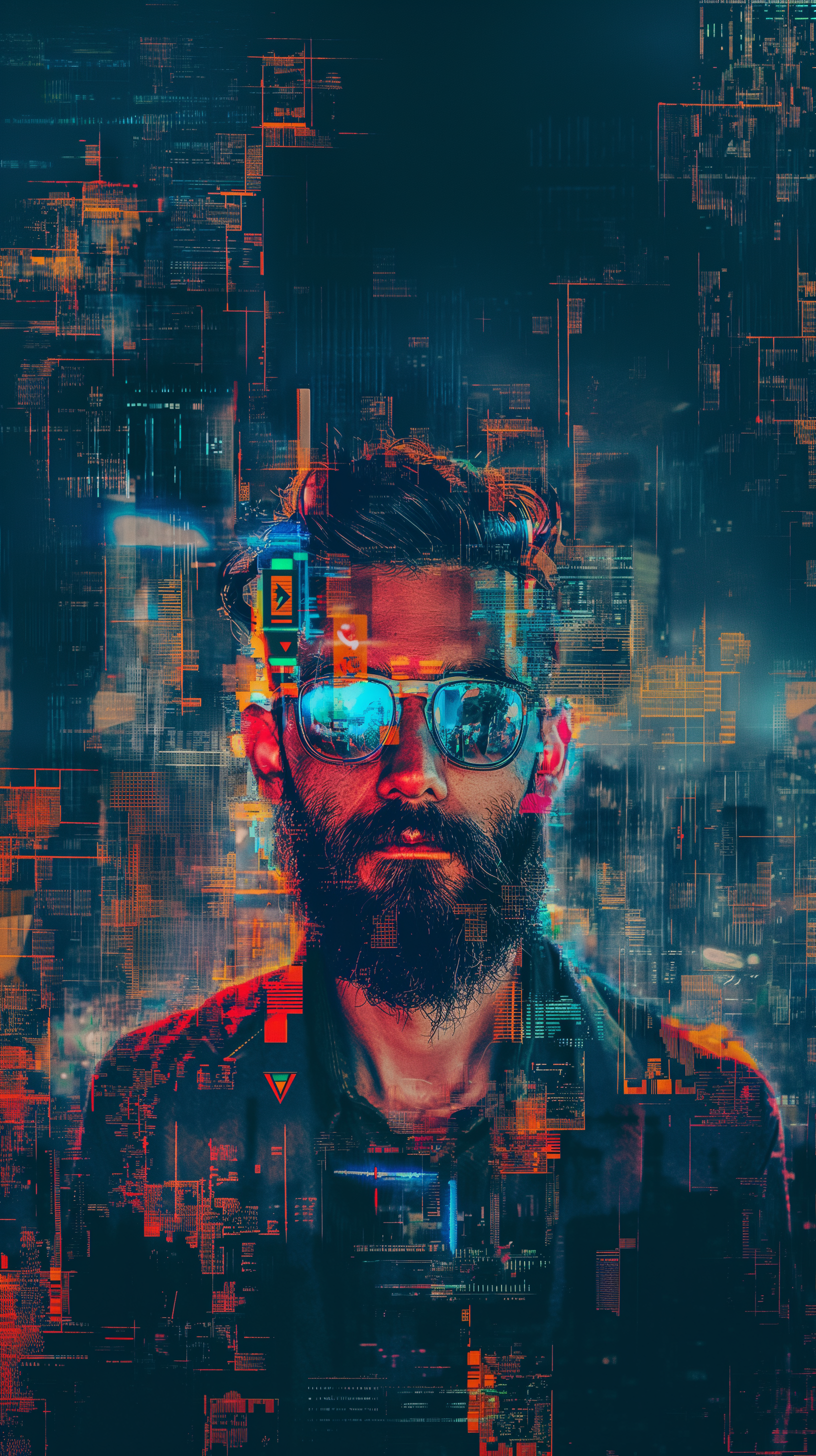 A striking hipster portrait featuring a bearded man in sunglasses, surrounded by vibrant glitch art and digital patterns, making an eye-catching phone wallpaper.