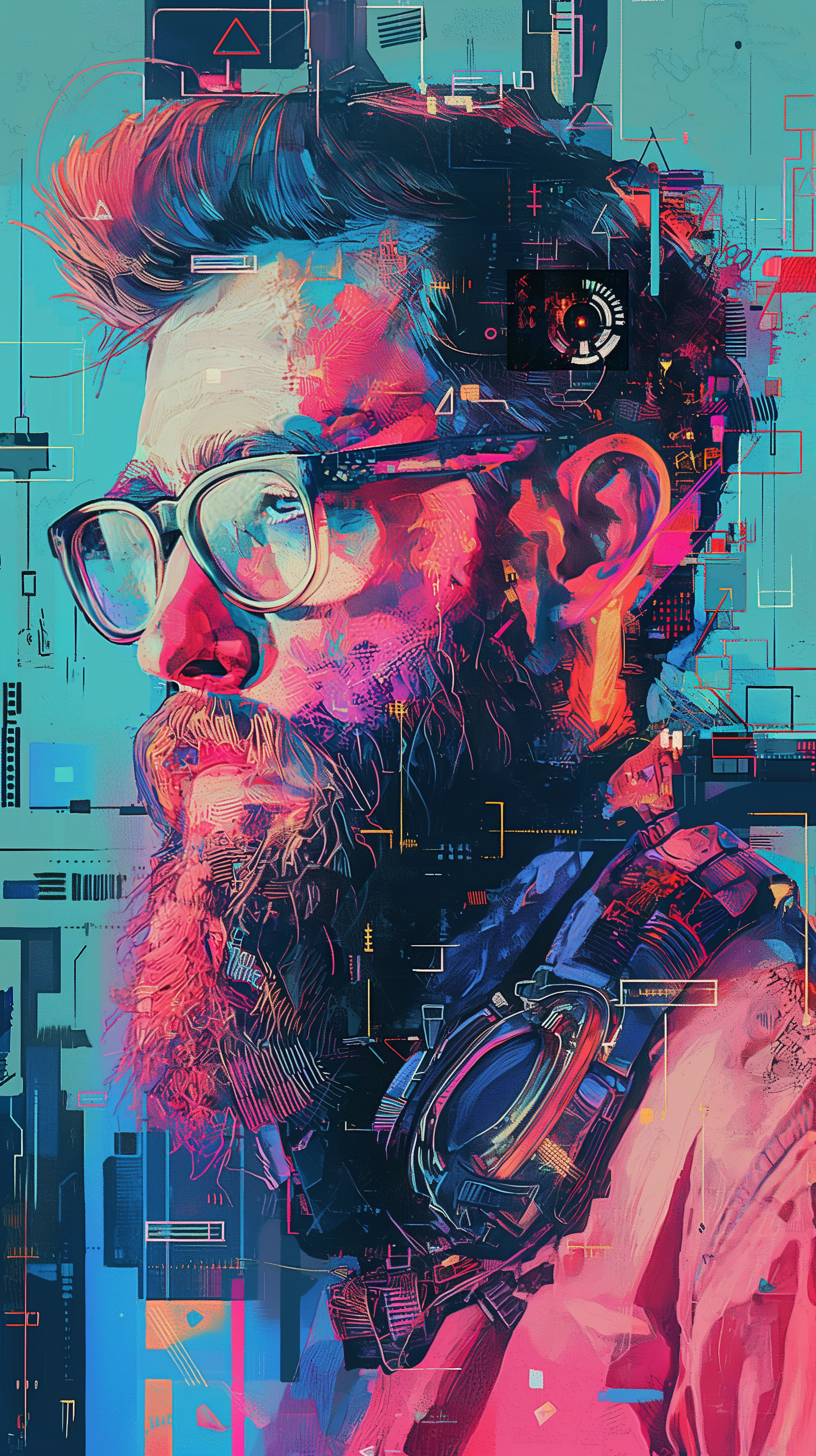 Stylish hipster-themed phone wallpaper featuring a glitch art portrait of a bearded man with glasses.