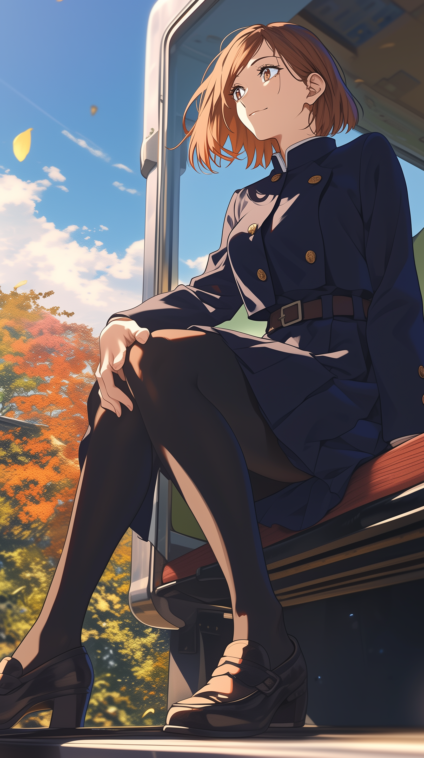 Jujutsu Kaisen anime character Nobara Kugisaki sitting casually in autumn scenery for a phone wallpaper.