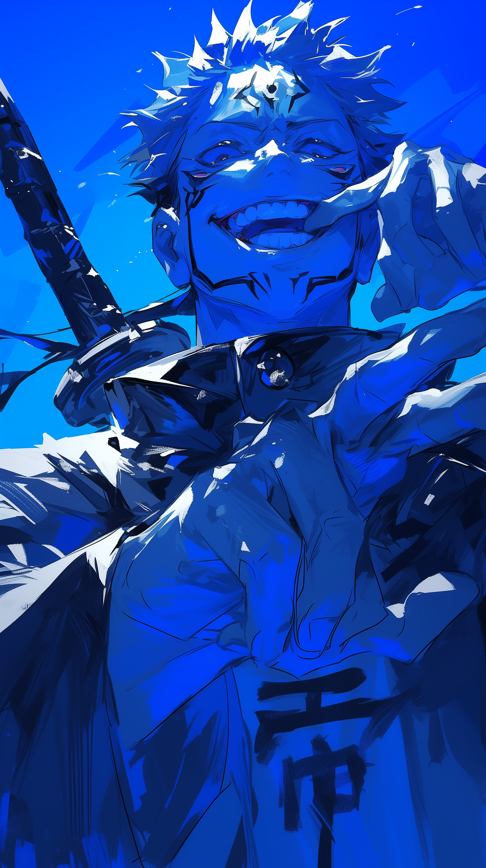 Dynamic Jujutsu Kaisen phone wallpaper featuring a bold character with a menacing smile, set against a vivid blue background, capturing an intense and captivating spirit.