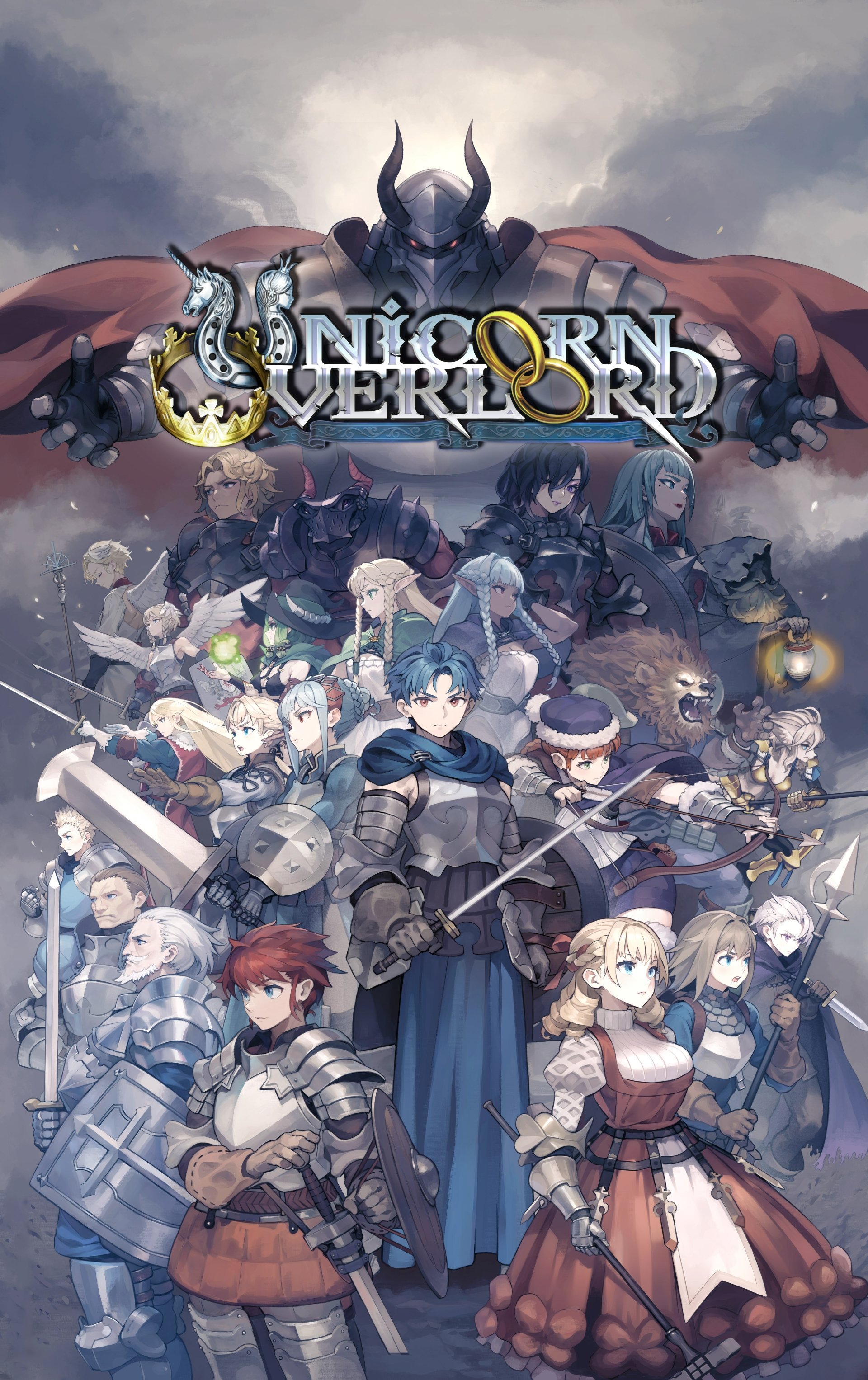 Unicorn Overlord video game wallpaper featuring an epic ensemble of characters with a formidable unicorn-themed overlord in the backdrop.