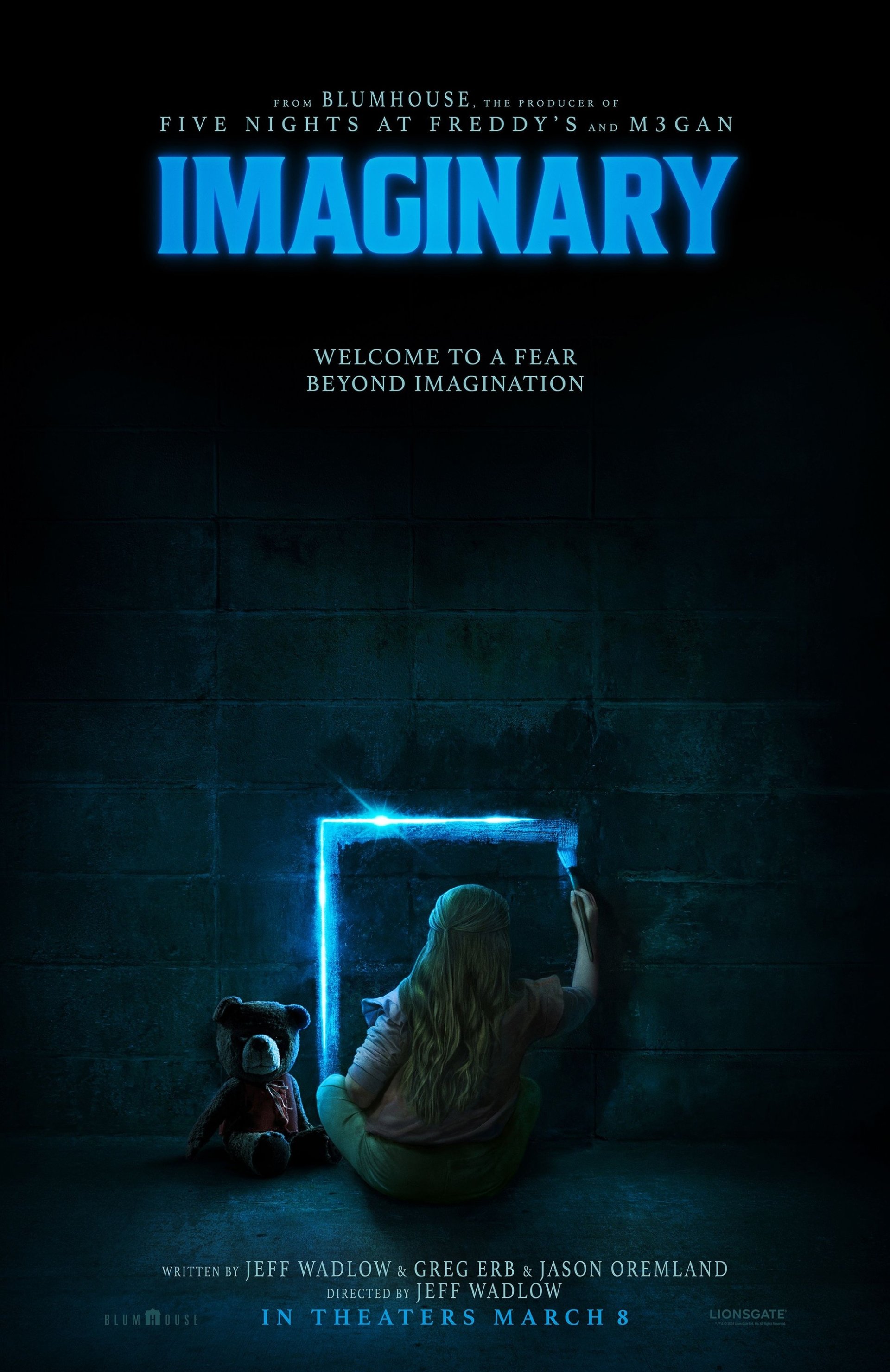 Official phone wallpaper for the 2024 movie Imaginary showcasing a mysterious figure sitting in front of a glowing rectangular portal, with the tagline Welcome to a fear beyond imagination.