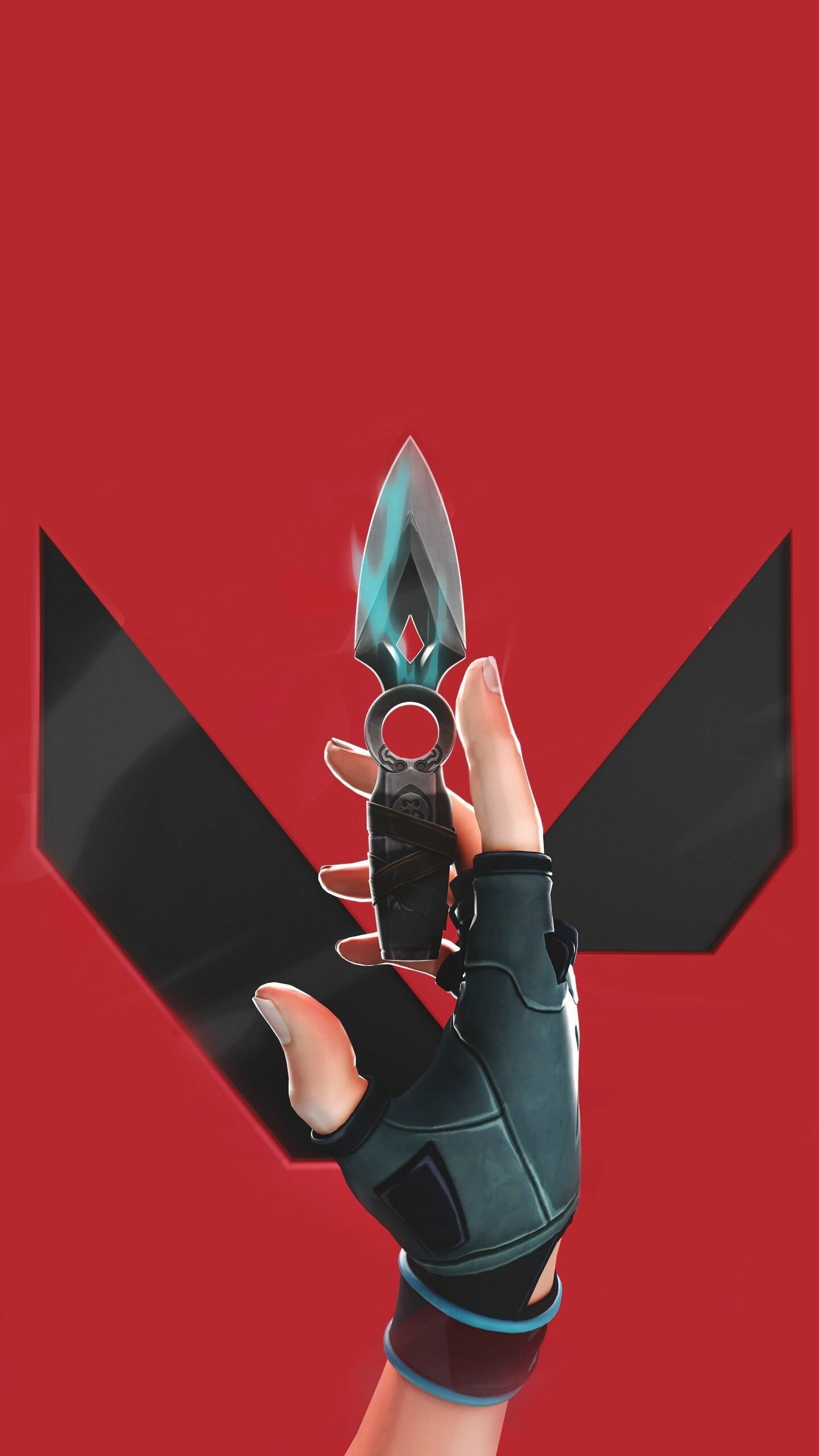 Valorant-themed phone wallpaper featuring a character's hand holding a glowing dagger against a red background with a black 'X' symbol.