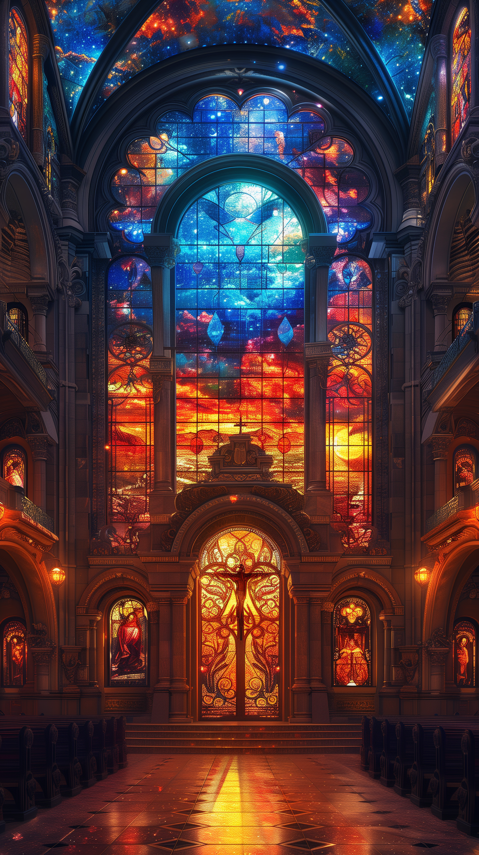 Stunning chapel interior phone wallpaper featuring vibrant stained-glass windows and warm, glowing light.