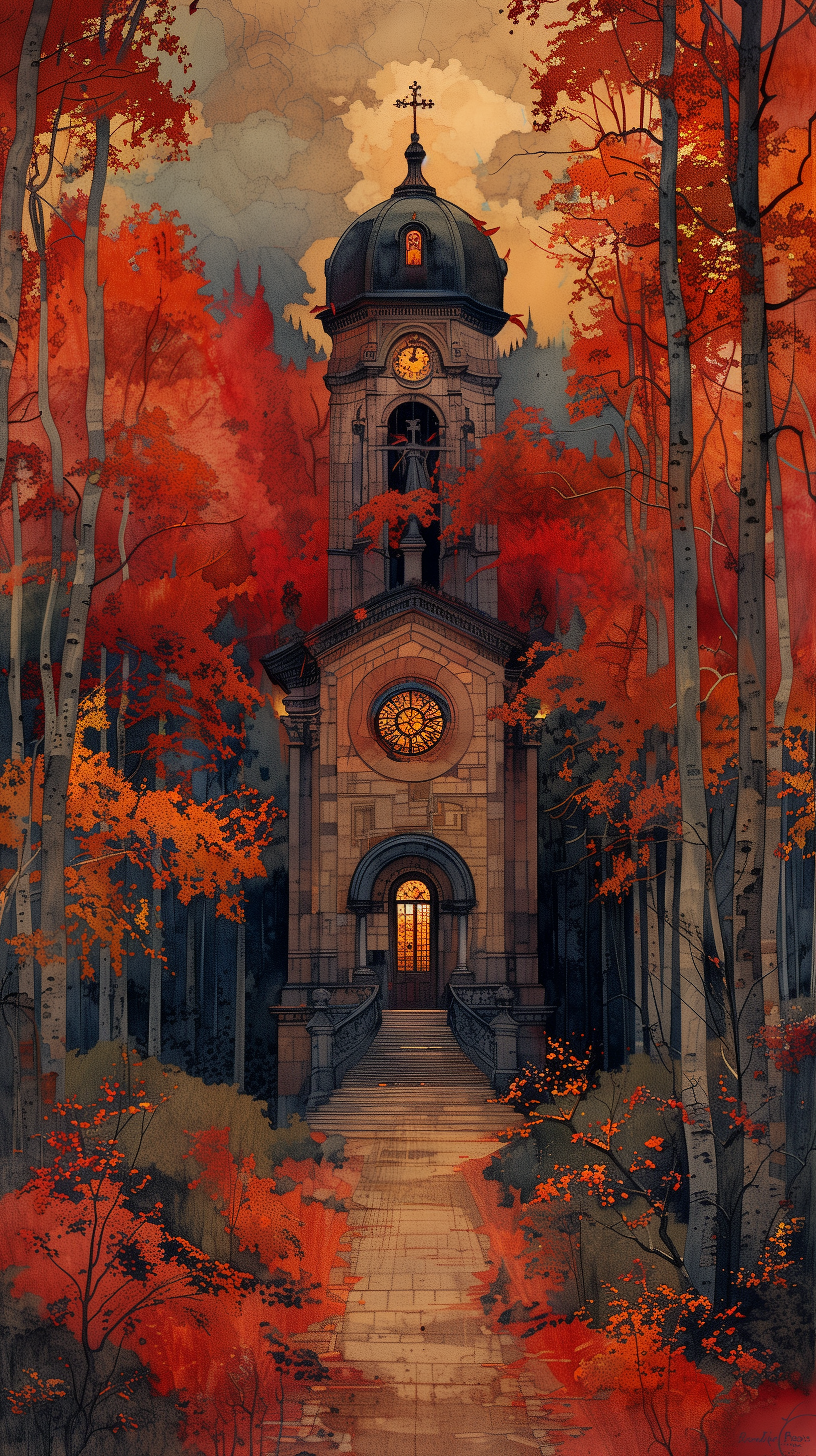 A beautiful chapel surrounded by vibrant autumn foliage, with a pathway leading to its inviting entrance, creates a serene and atmospheric phone wallpaper.