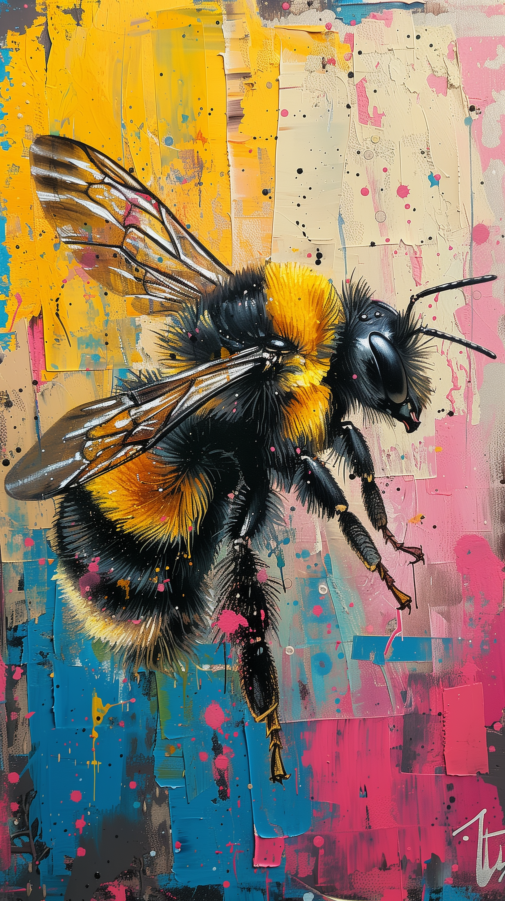 Vibrant bumblebee art wallpaper for phone, featuring a realistic bumblebee on a colorful abstract background.