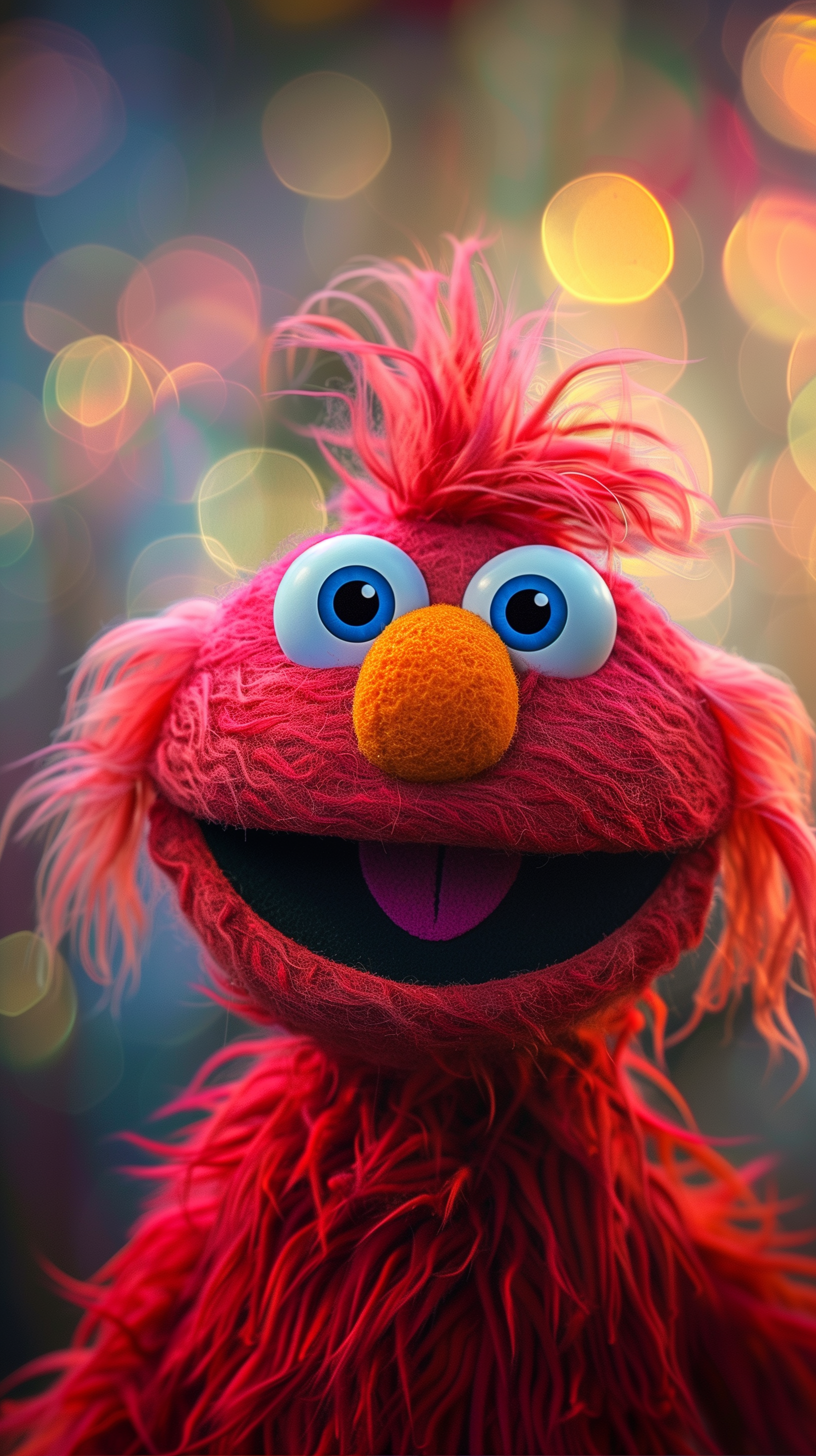 Phone wallpaper featuring a close-up of the smiling Sesame Street character Elmo with a colorful bokeh background.