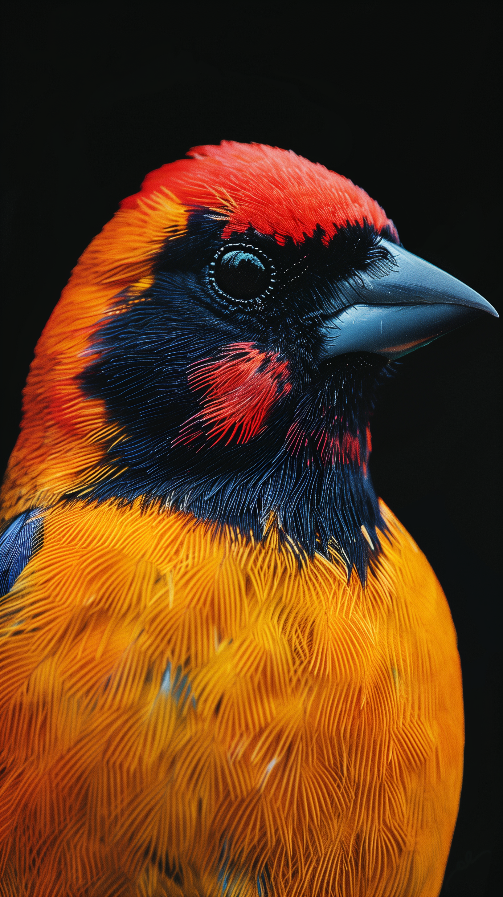 Colorful finch bird phone wallpaper with a vibrant red and yellow plumage on a black background.