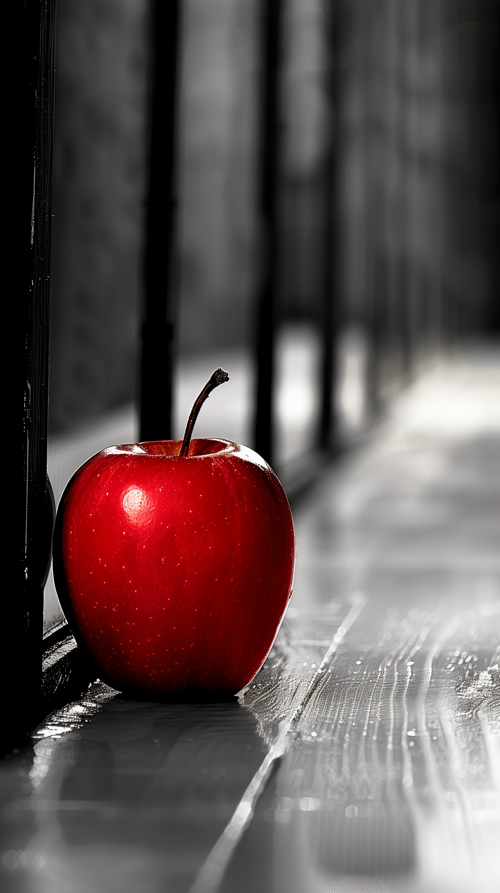 A vibrant red apple sits on a wooden floor, surrounded by a blurred black-and-white background, making it a striking phone wallpaper.