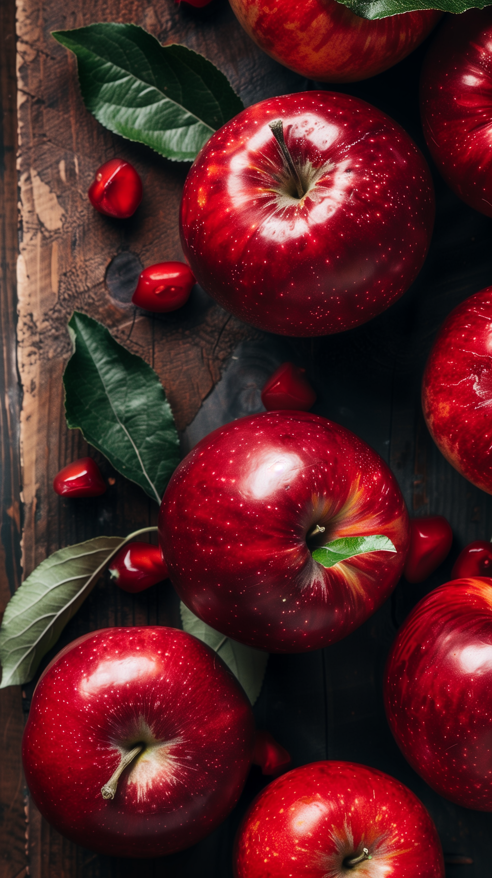 A vibrant arrangement of shiny red apples and leaves set against a rustic wooden backdrop, creating a refreshing phone wallpaper that evokes a sense of nature and abundance.