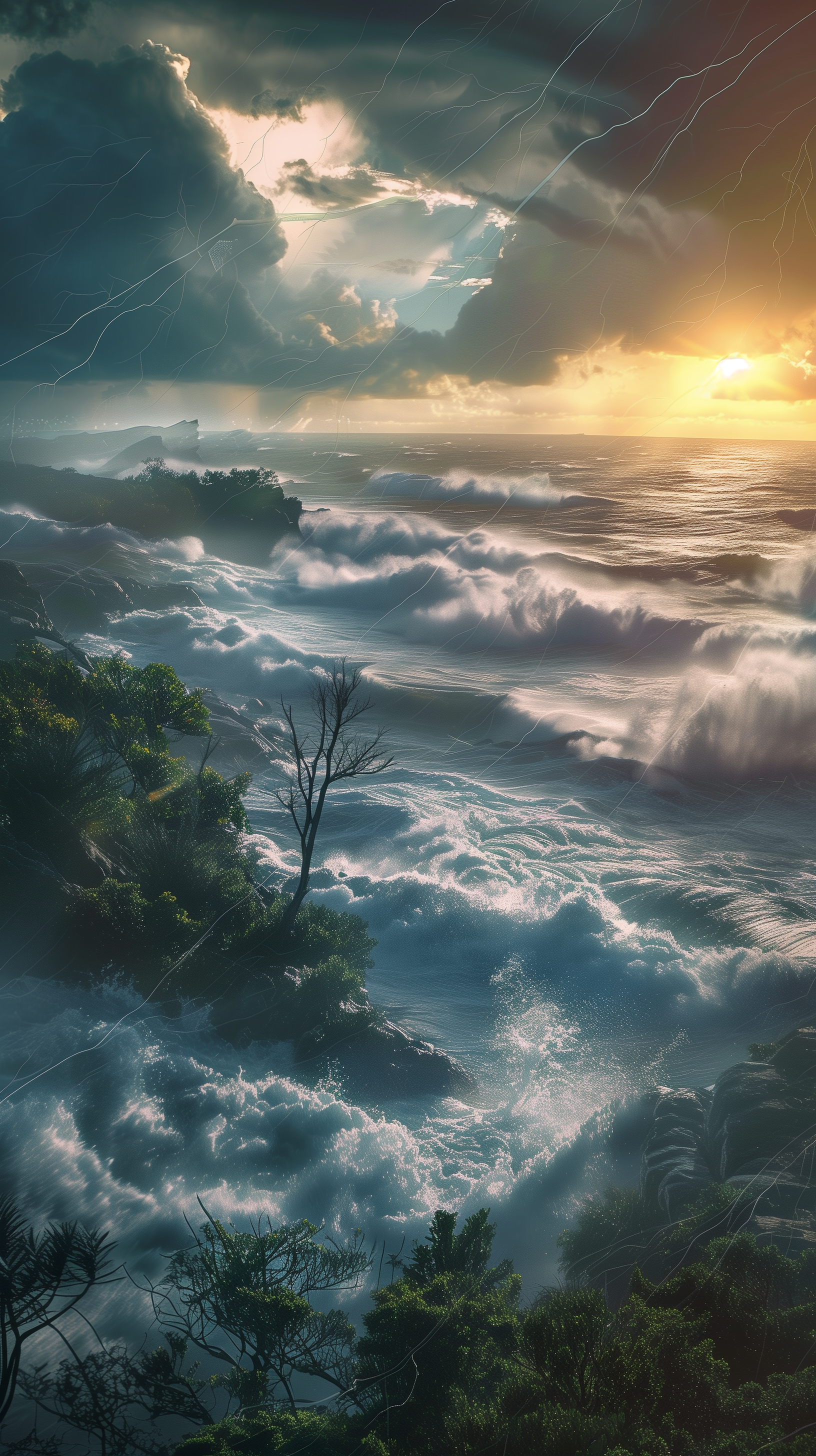 Dynamic hurricane-themed phone wallpaper depicting turbulent ocean waves and stormy skies with lightning.