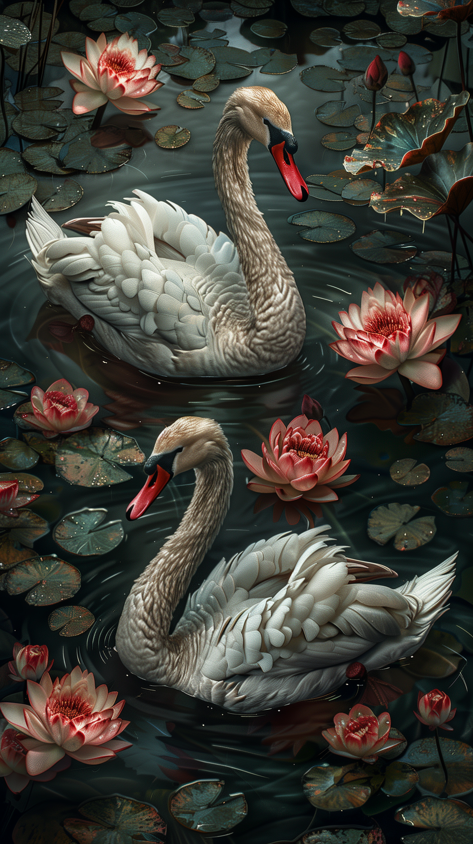 A tranquil phone wallpaper featuring two elegant swans gliding on a serene pond surrounded by vibrant water lilies and lush aquatic plants.