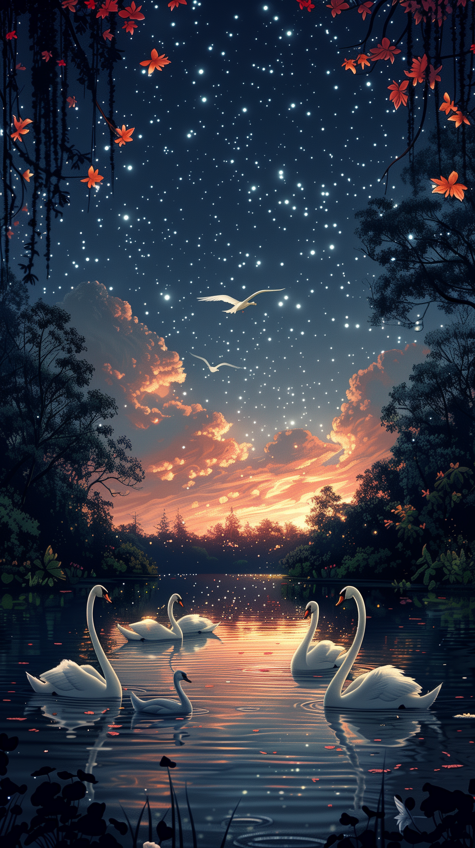 A serene phone wallpaper featuring elegant swans gracefully gliding on a reflective lake under a starry sky, with a stunning sunset and vibrant foliage framing the scene.