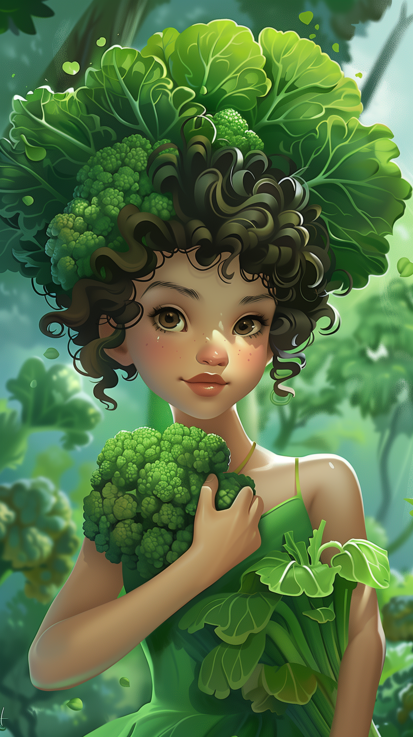 A whimsical phone wallpaper featuring a girl adorned with a leafy green hairstyle, embracing vibrant broccoli, surrounded by lush greenery, celebrating the beauty of vegetables.