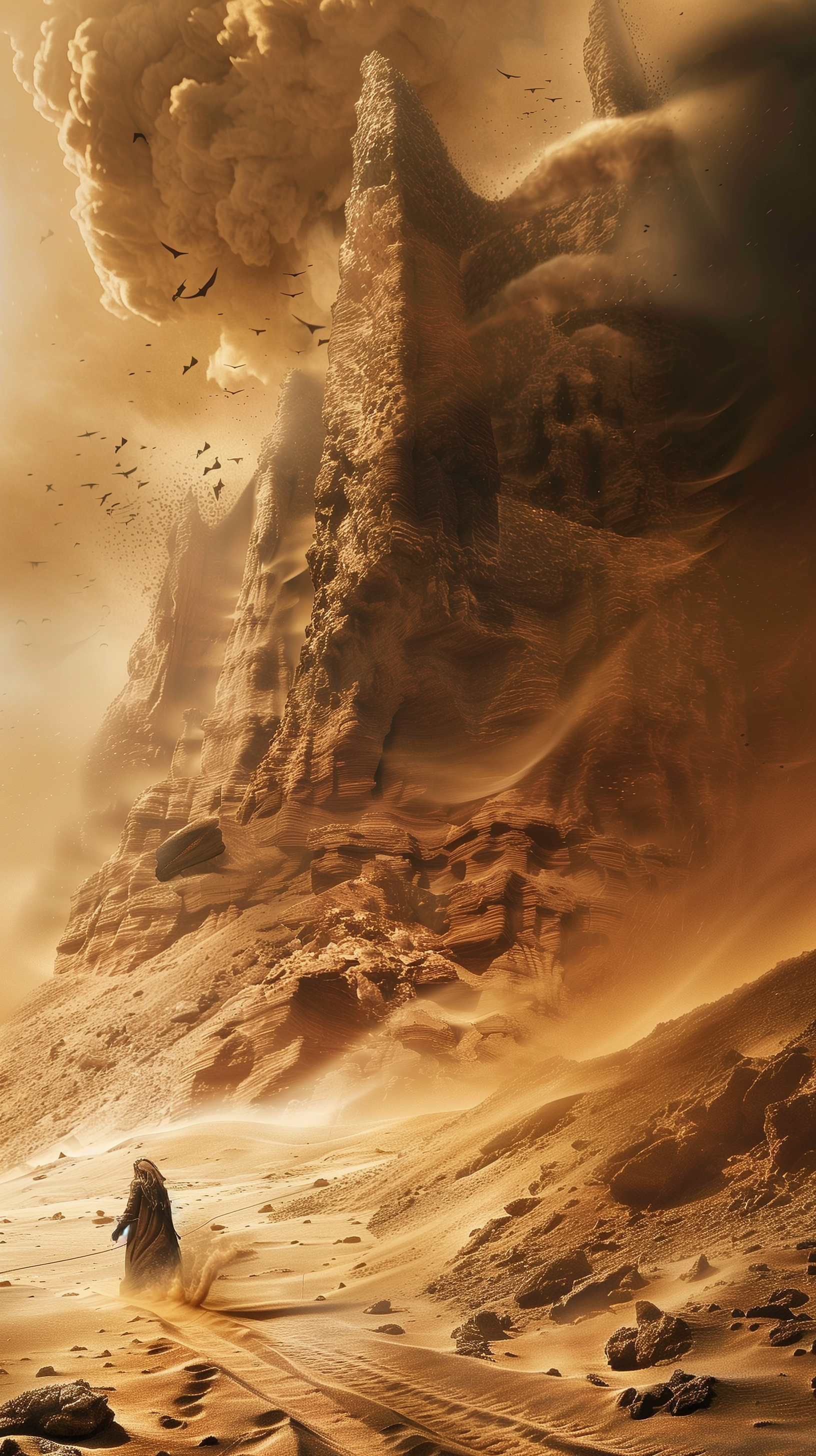 Dramatic phone wallpaper depicting a person walking through a massive sandstorm with towering cliffs and swirling sands in rich sepia tones.