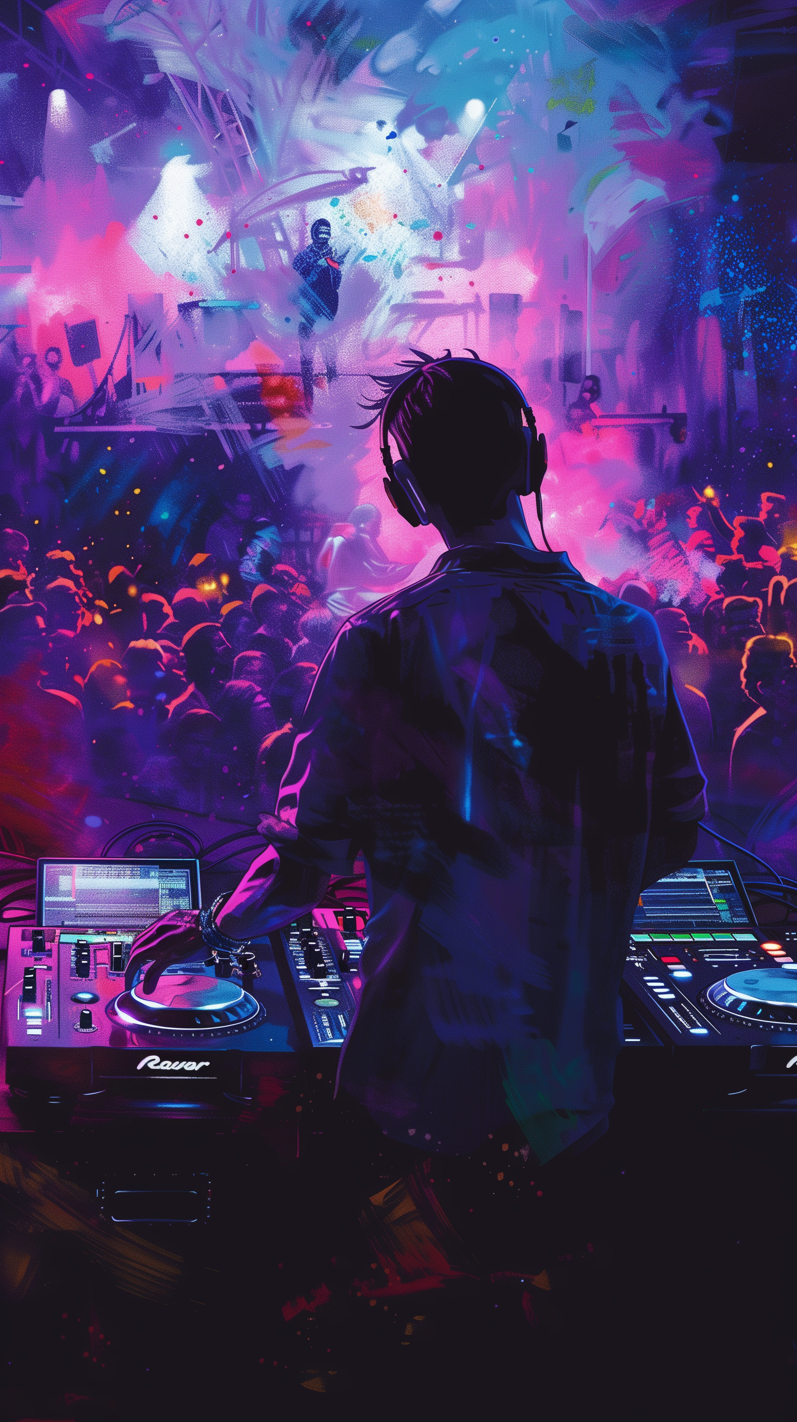 A vibrant digital wallpaper featuring a DJ mixing electronic music, set against a lively crowd and colorful stage lights, capturing the energy of a live performance.