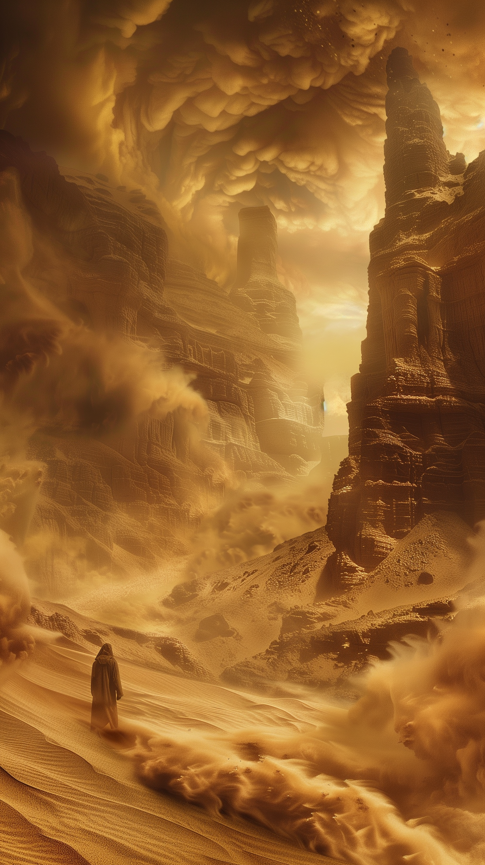 A mystical phone wallpaper showcasing a majestic sandstorm in a desert canyon with swirling sand clouds and a lone figure.