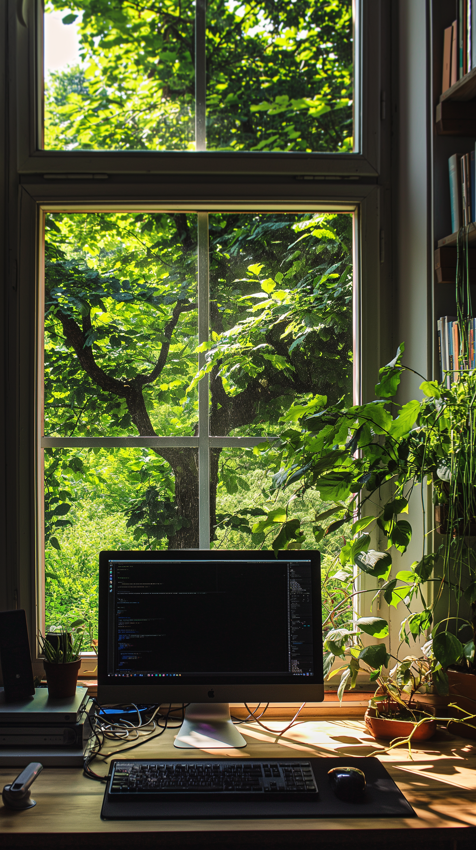 A serene workspace featuring a computer monitor displaying code, with a vibrant view of greenery through a large window and lush plants nearby, designed as a phone wallpaper.