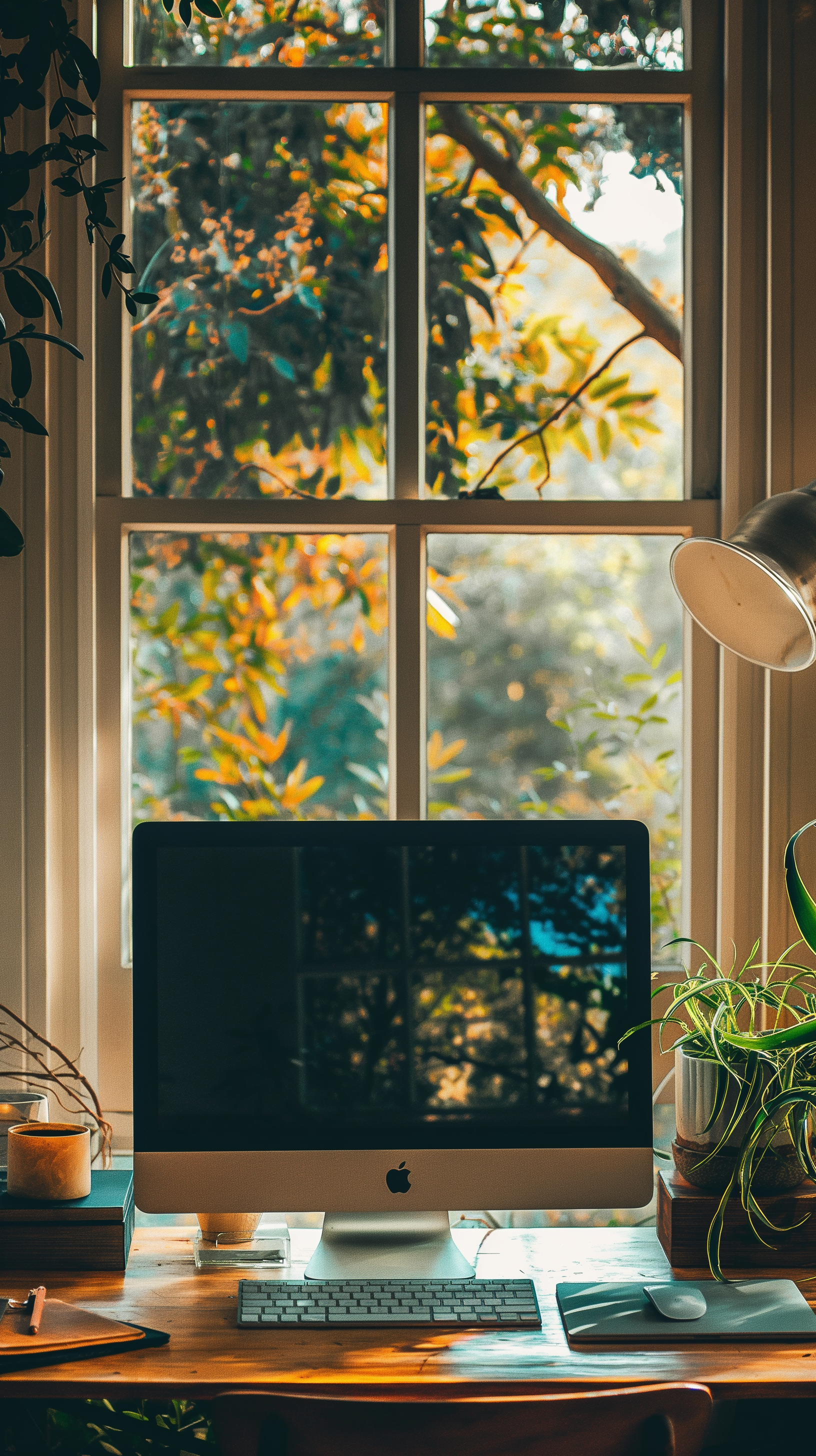 A cozy workspace featuring a computer set against a sunlit window with vibrant greenery outside, creating an inviting and serene atmosphere for a phone wallpaper.
