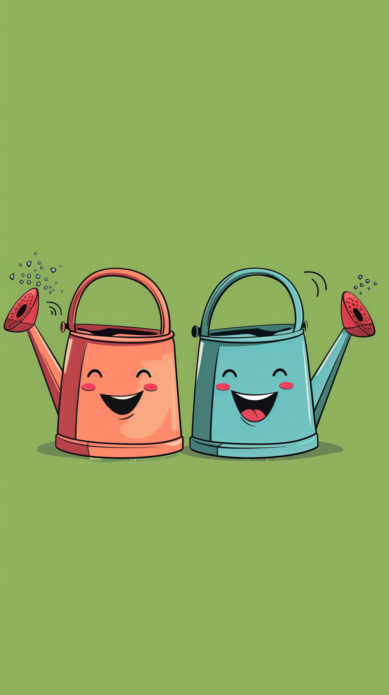 Cute animated watering cans on green background phone wallpaper.