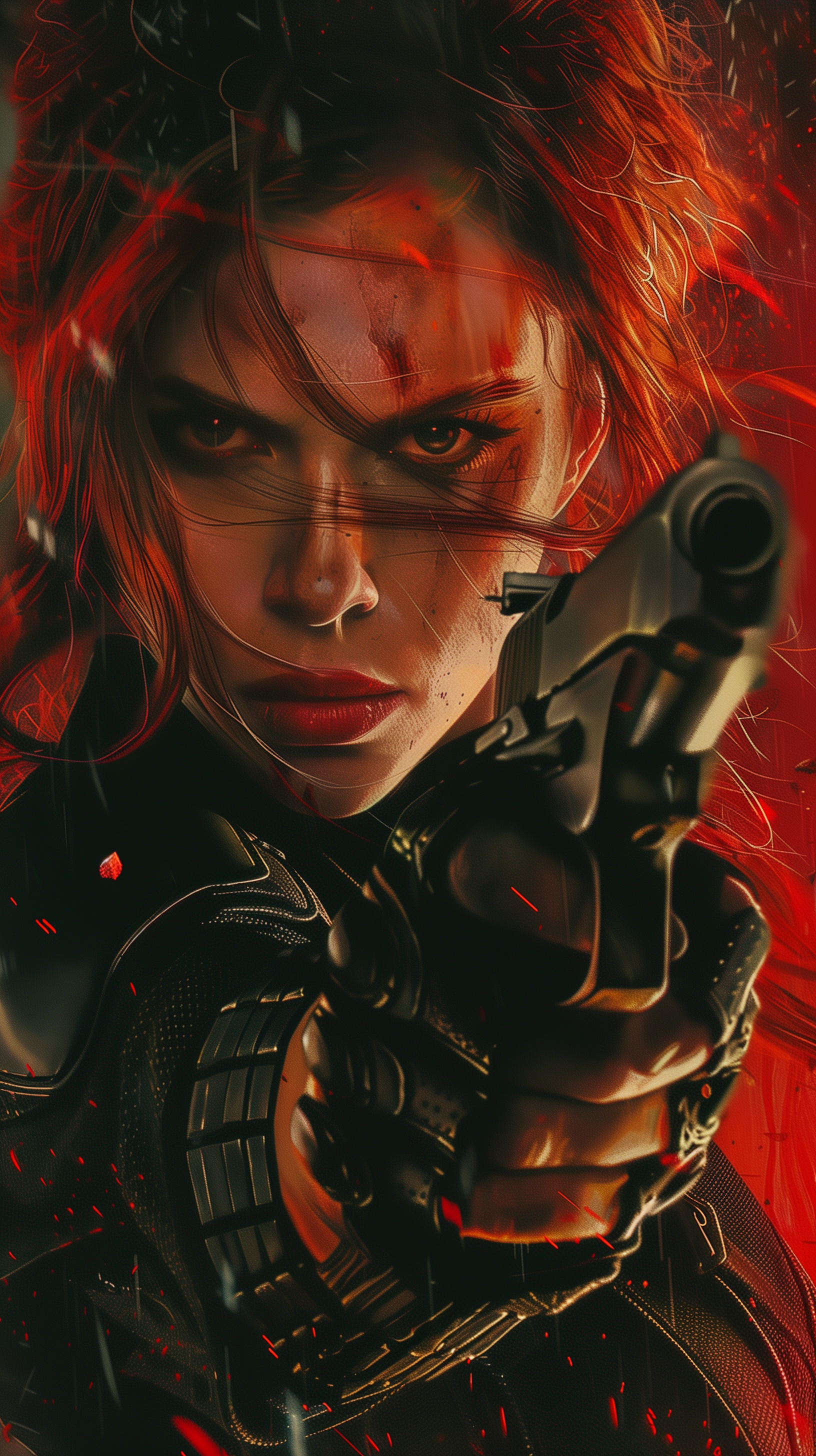 A striking fan art wallpaper of Black Widow, featuring her intense gaze and poised with a gun, set against a backdrop of fiery reds and dramatic lighting.