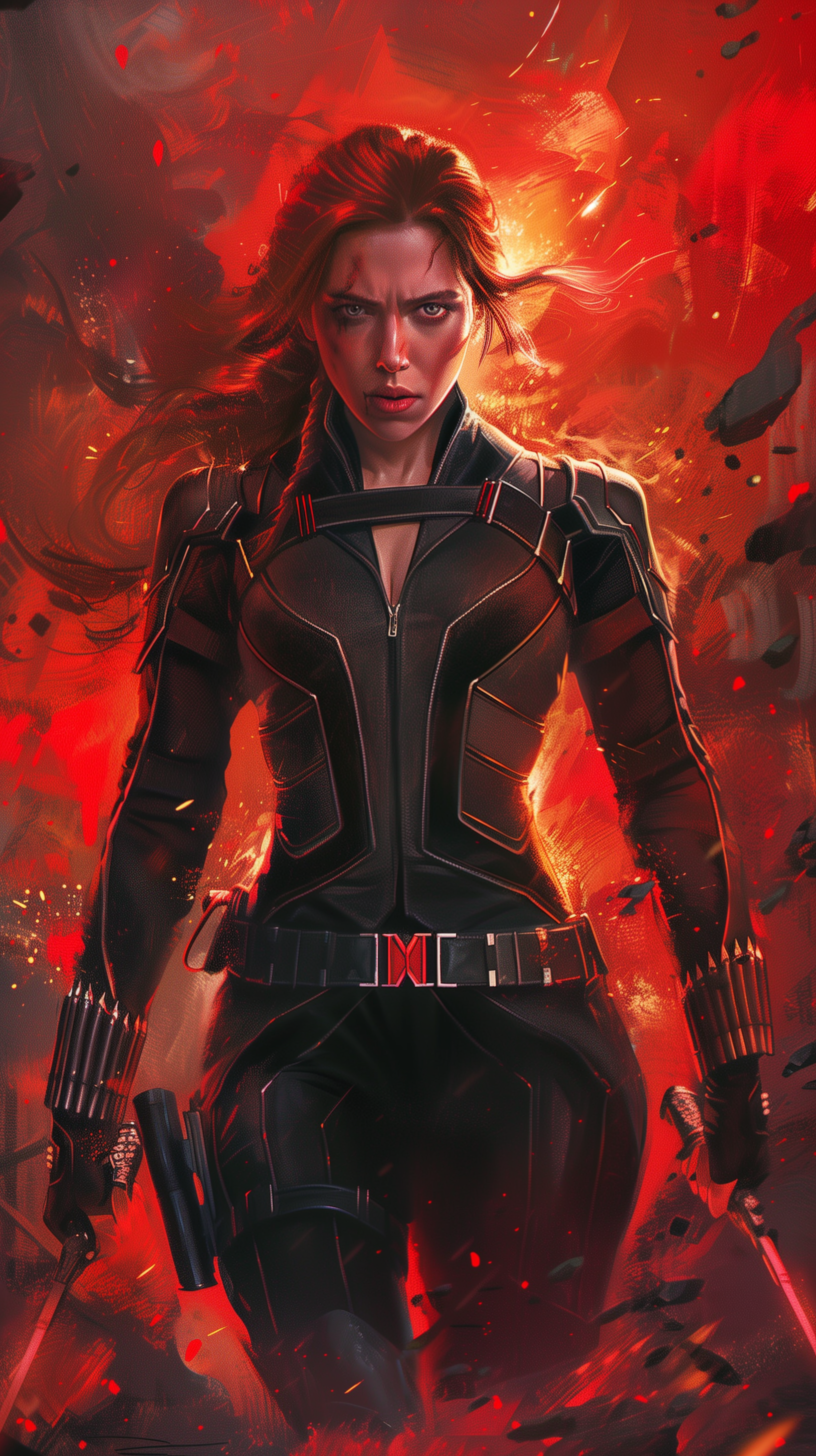 Fan art phone wallpaper featuring a dynamic illustration of Black Widow in a heroic stance, set against a vivid red backdrop.
