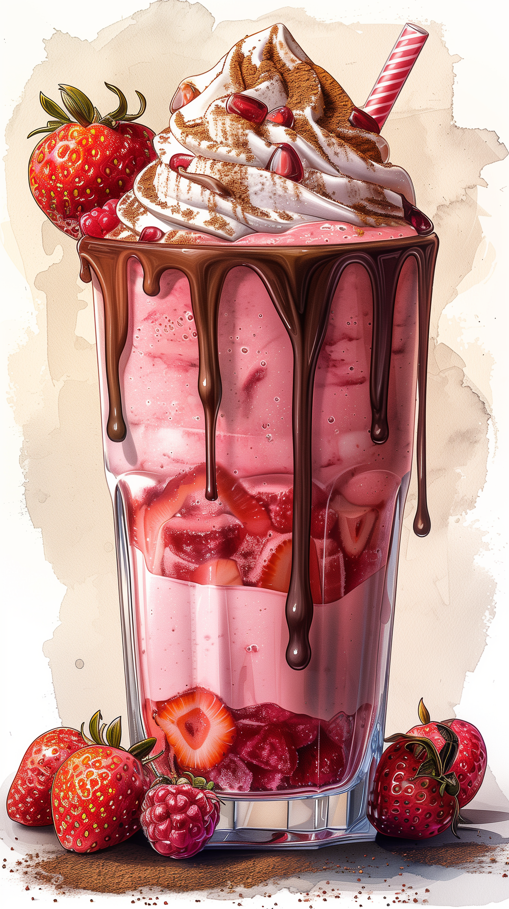 Artistic phone wallpaper featuring a delectable strawberry milkshake with whipped cream, a drizzle of chocolate syrup, fresh berries, and a candy straw.
