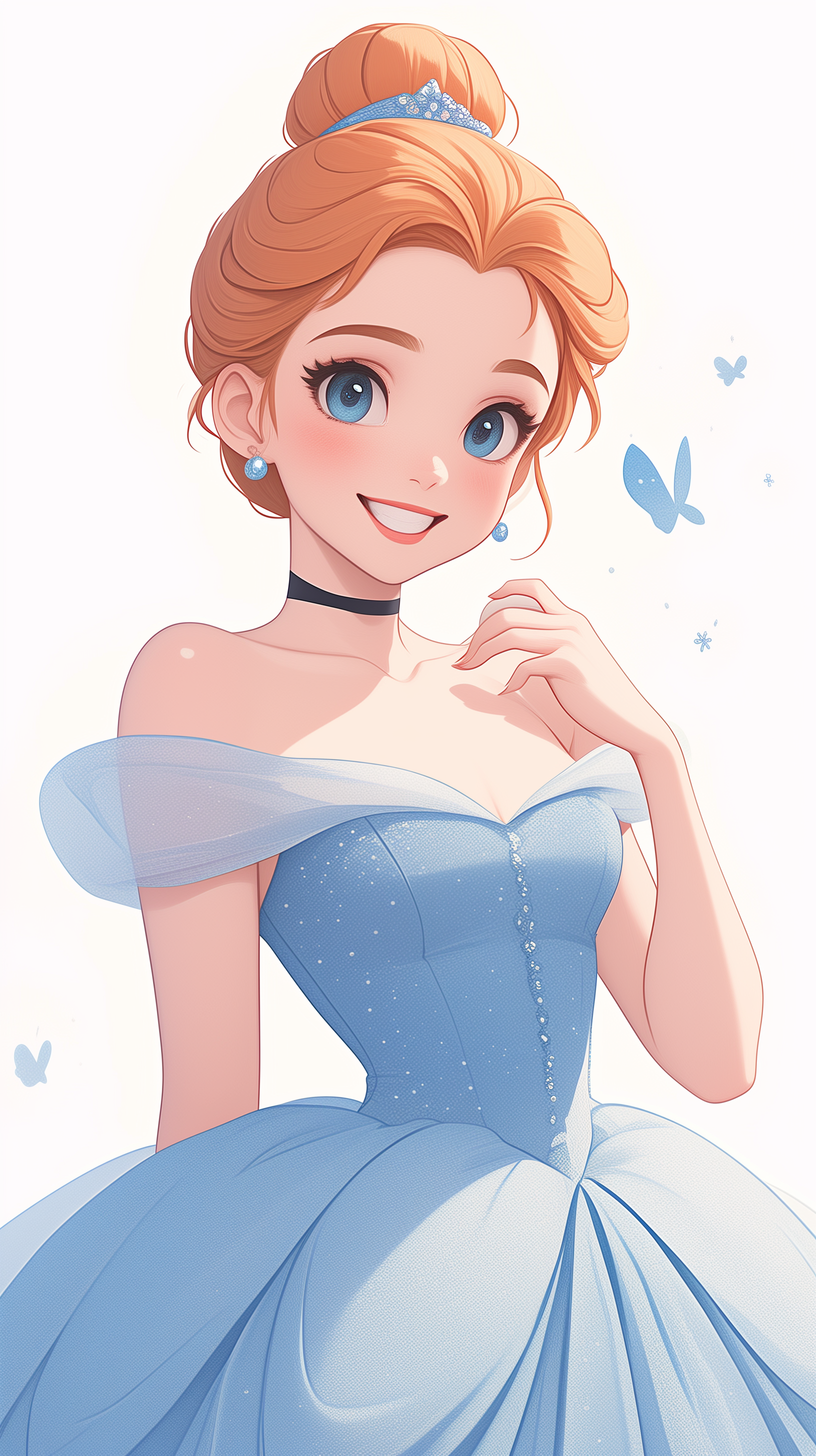 Animated Cinderella in blue dress phone wallpaper with butterflies.