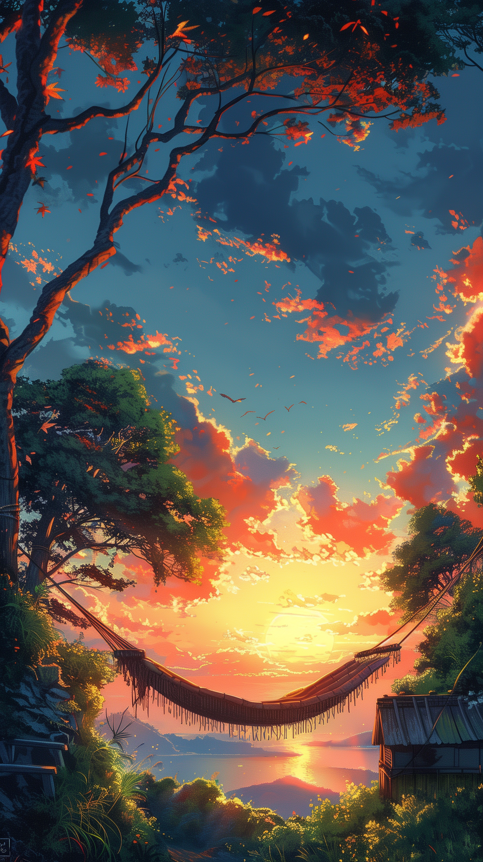 Scenic sunset wallpaper with a hammock hanging between trees for mobile phones.