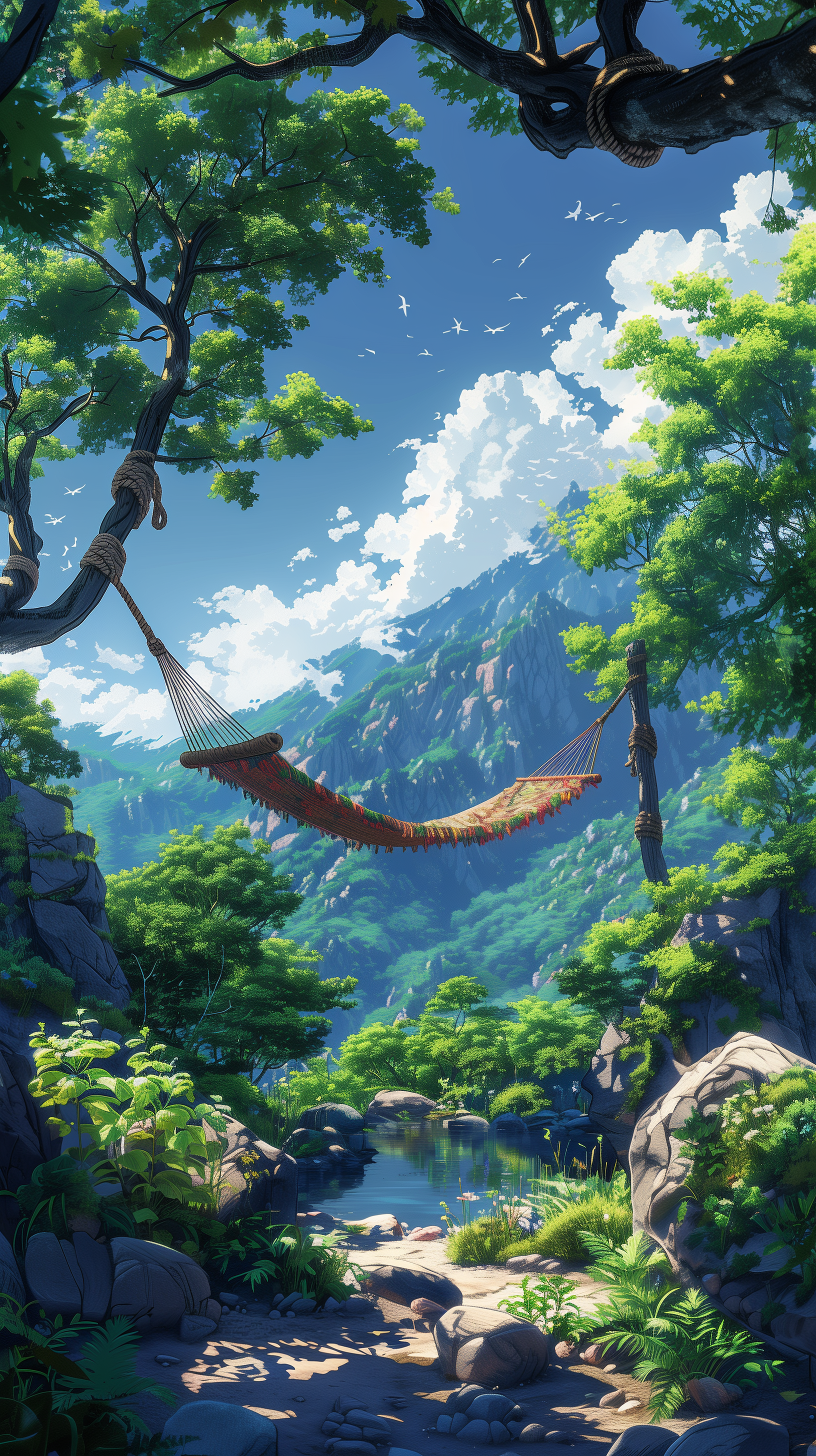 A vibrant phone wallpaper featuring a hammock suspended between trees, set against a backdrop of lush greenery and a serene mountain landscape under a clear blue sky.