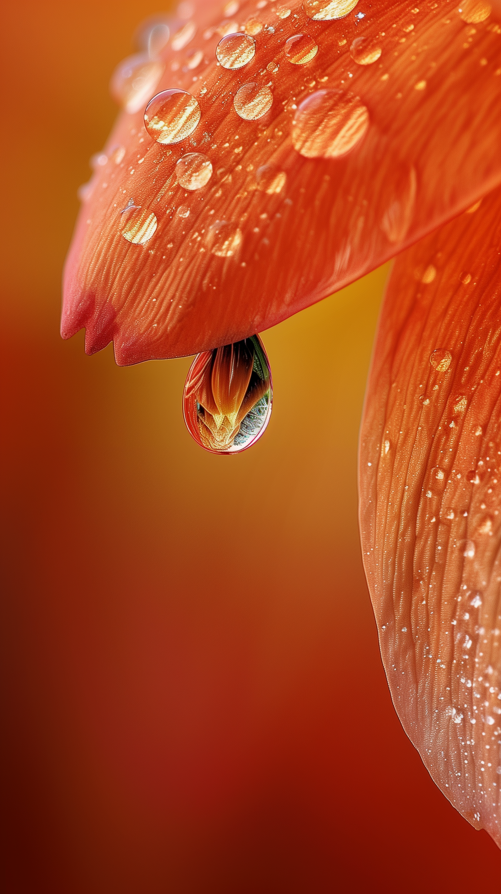 A close-up of a vibrant orange petal adorned with dew drops, capturing the beauty of nature. This image makes for a stunning phone wallpaper.