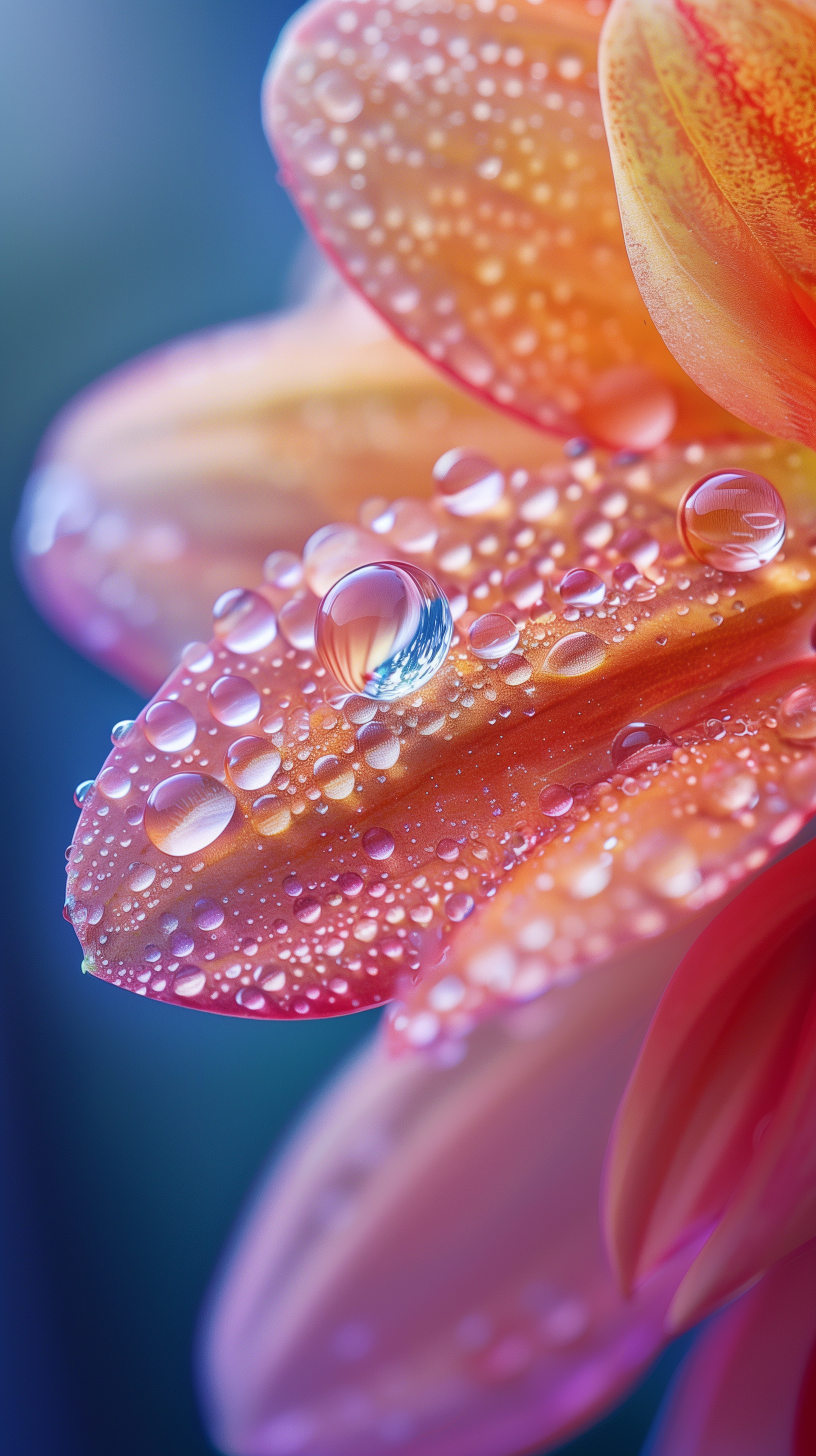 Close-up of a flower petal adorned with glistening dew drops, showcasing vibrant hues. This serene and colorful image makes a captivating phone wallpaper.