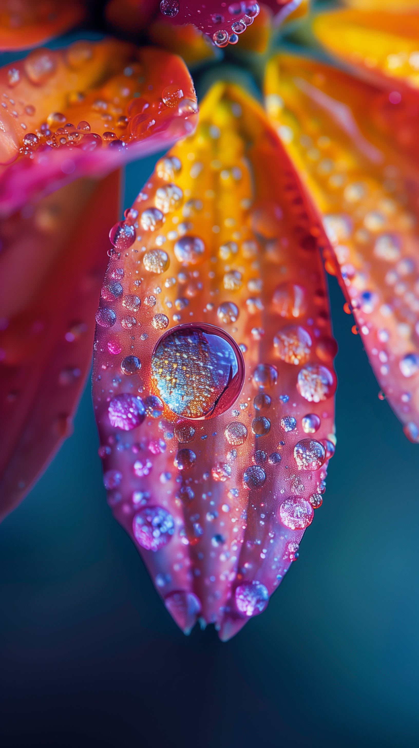 A vibrant close-up of dew drops on colorful petals, showcasing intricate details and reflections. This nature-inspired image serves as a captivating phone wallpaper.