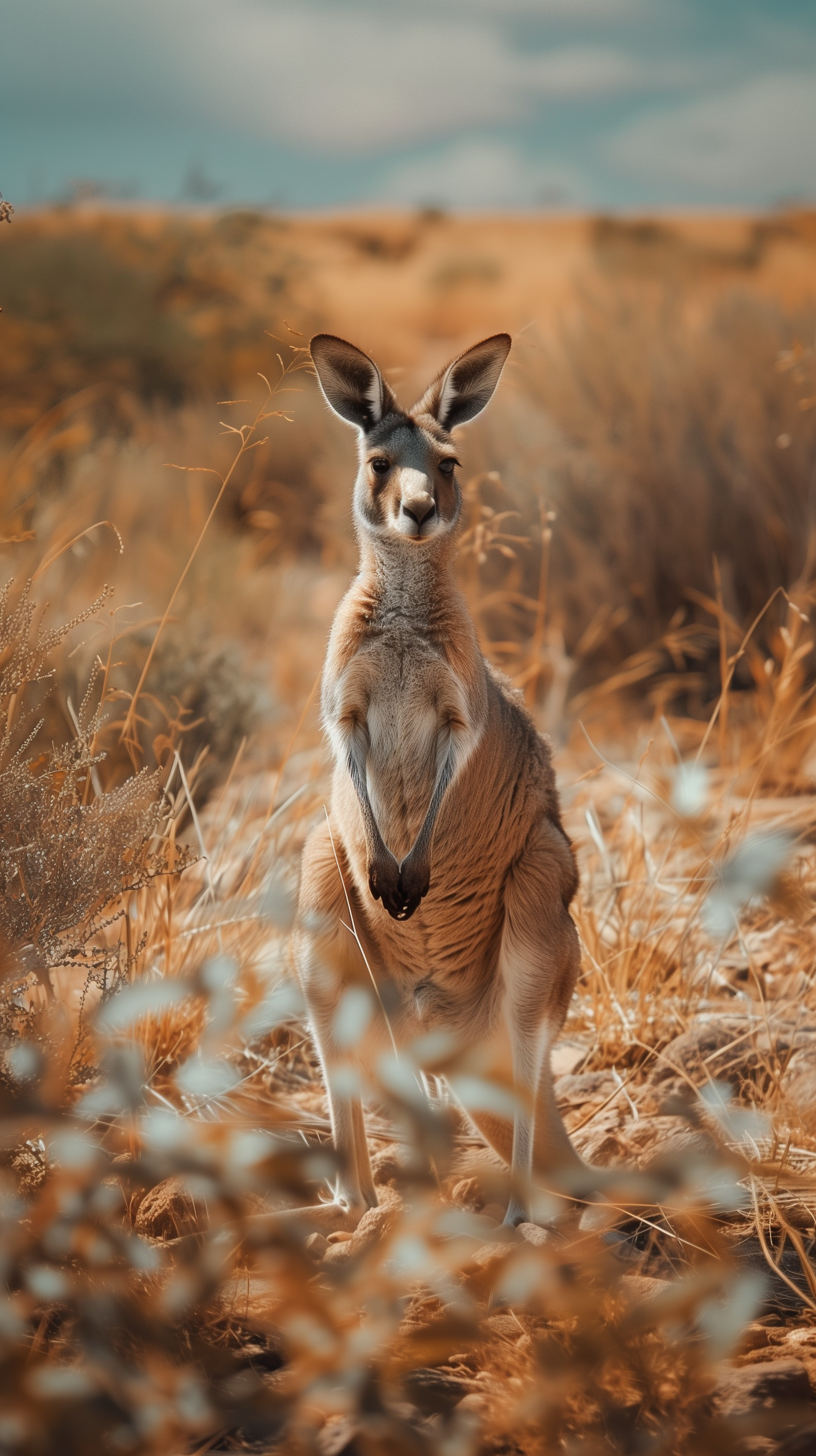 A kangaroo stands gracefully in a golden-hued landscape, surrounded by tall grasses and softly blurred foliage, creating a captivating phone wallpaper.