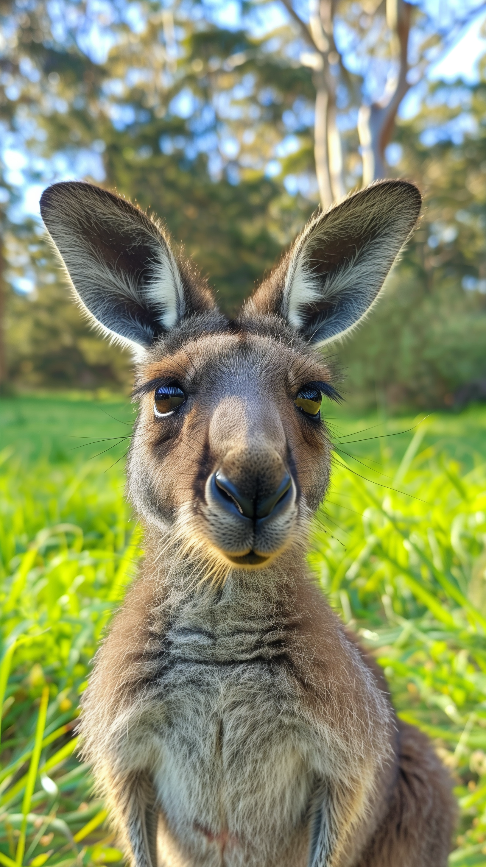 A close-up of a curious kangaroo in a lush green field, capturing its expressive eyes and ears. This vibrant image makes a charming phone wallpaper.