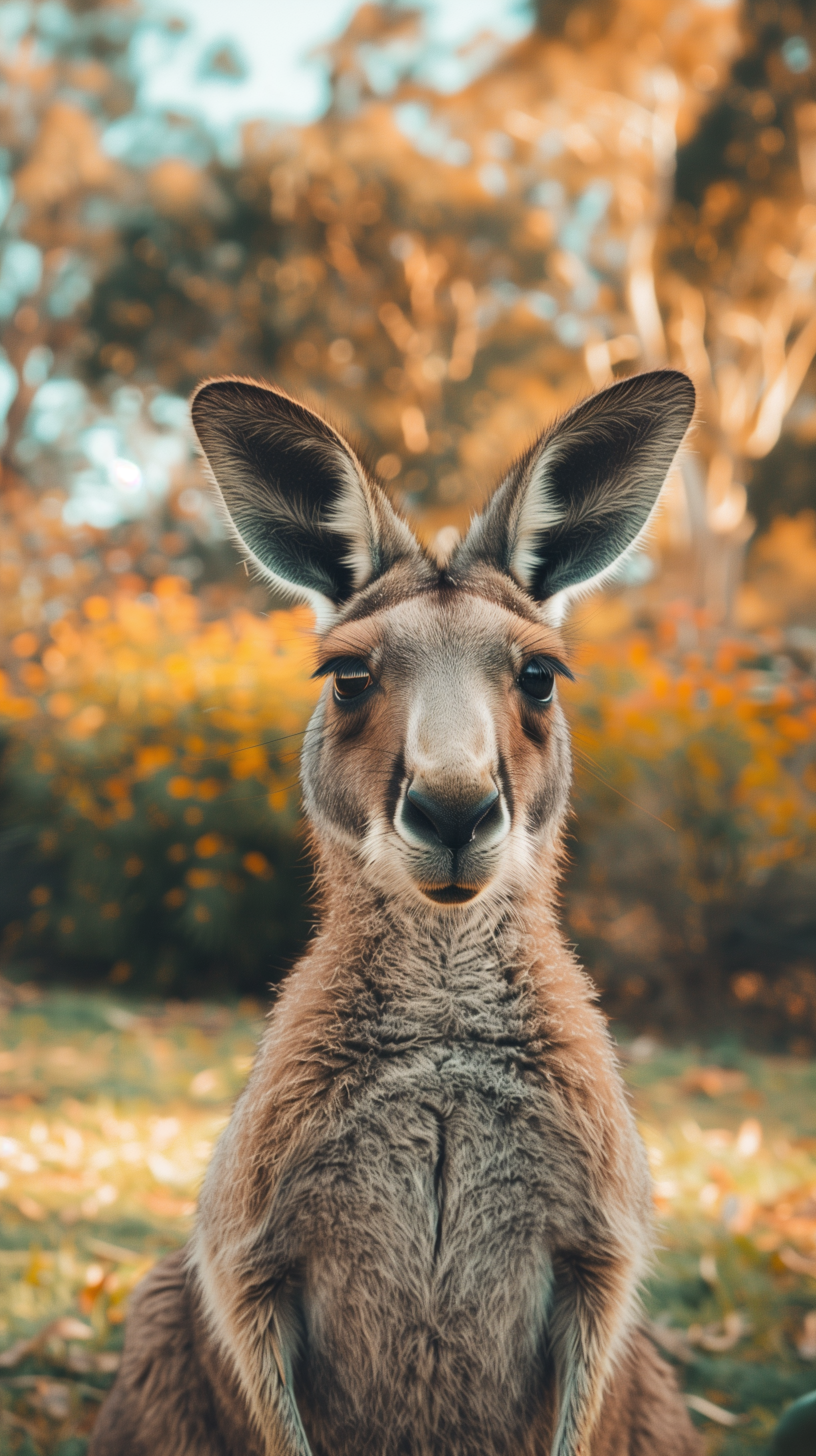 Kangaroo phone wallpaper featuring a close-up of a kangaroo in a natural setting with warm tones and foliage background.