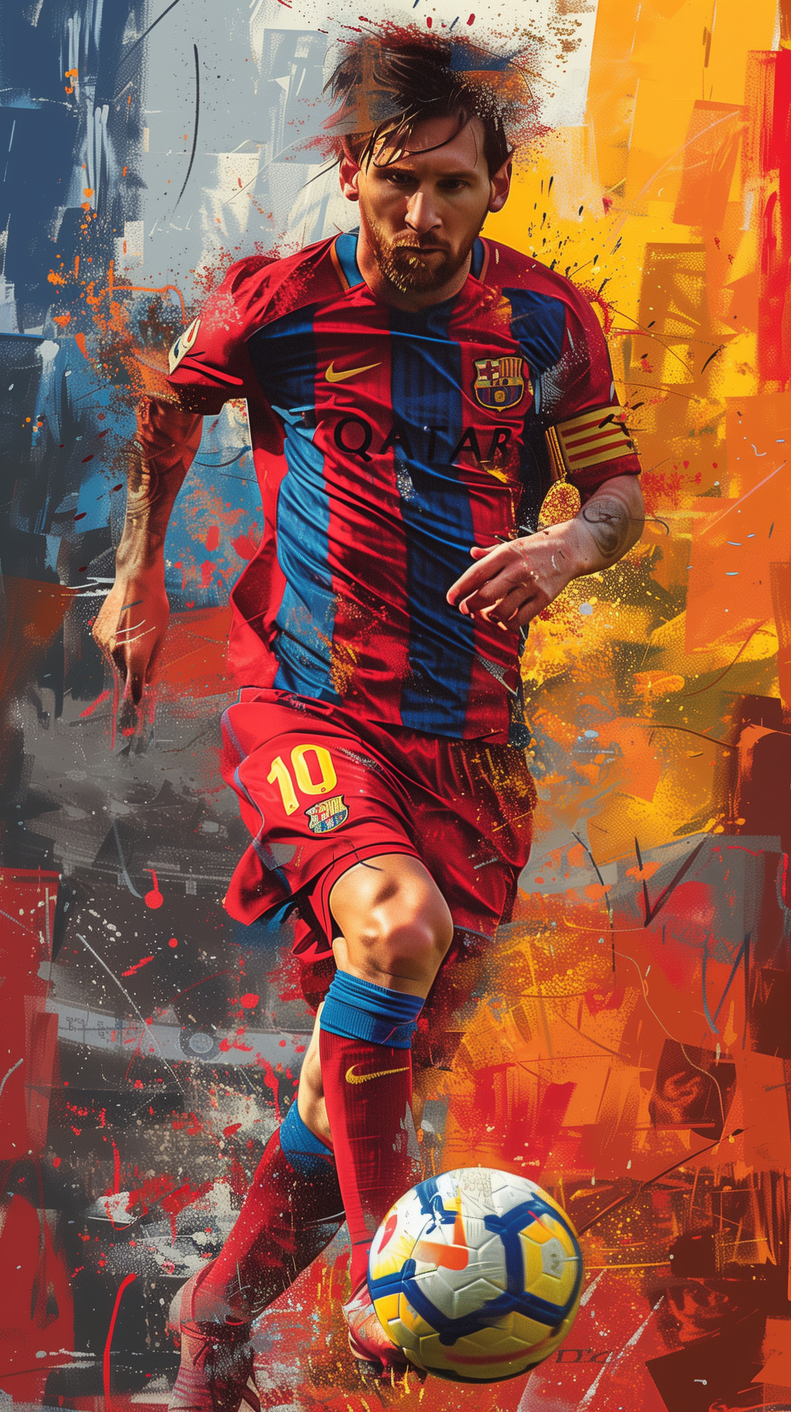 Lionel Messi in action, sporting a Barcelona FC jersey, on a vibrant abstract art phone wallpaper.