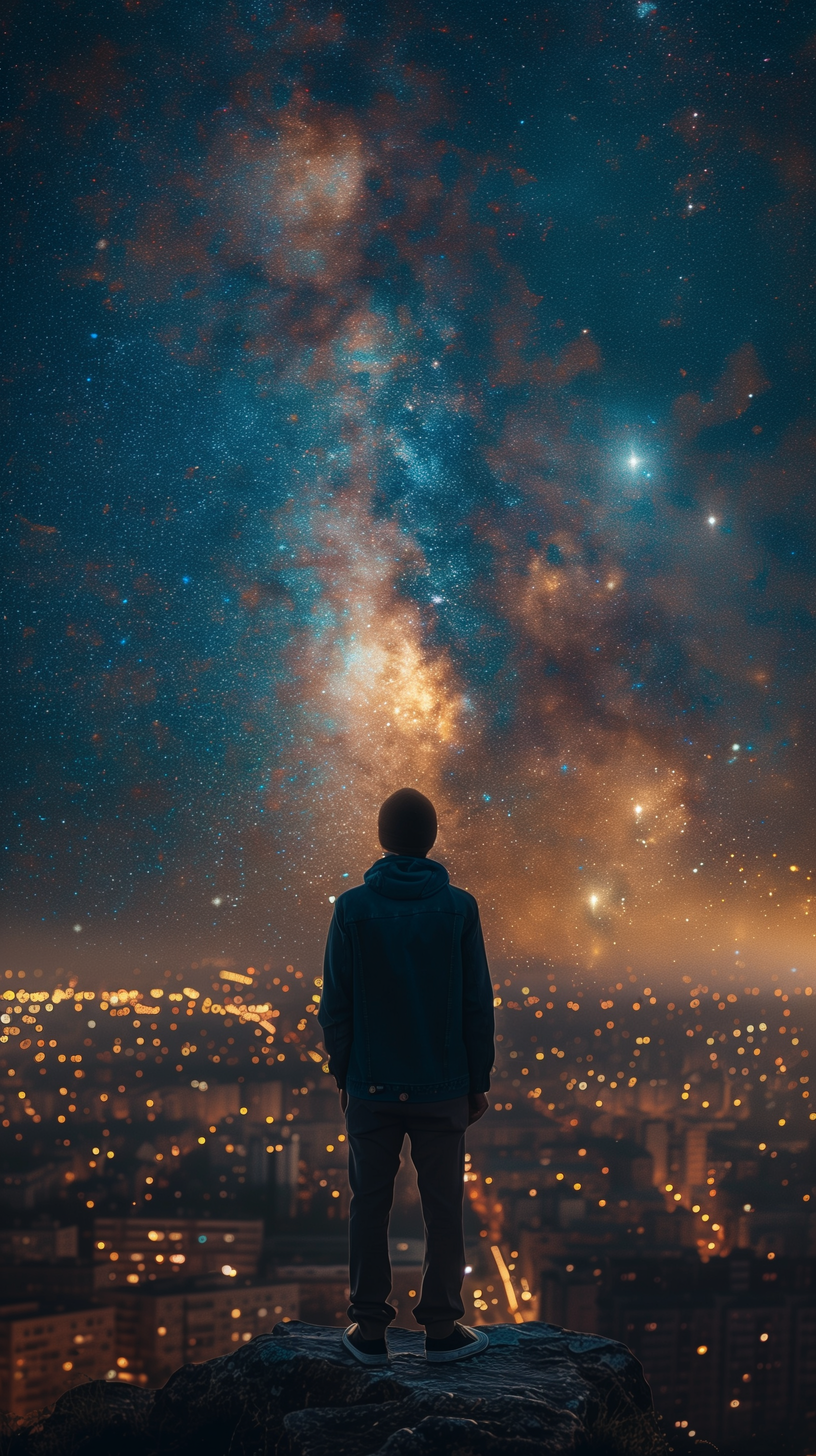 Phone wallpaper featuring a person standing on a rock, gazing at a mesmerizing starry sky above a city's night lights.