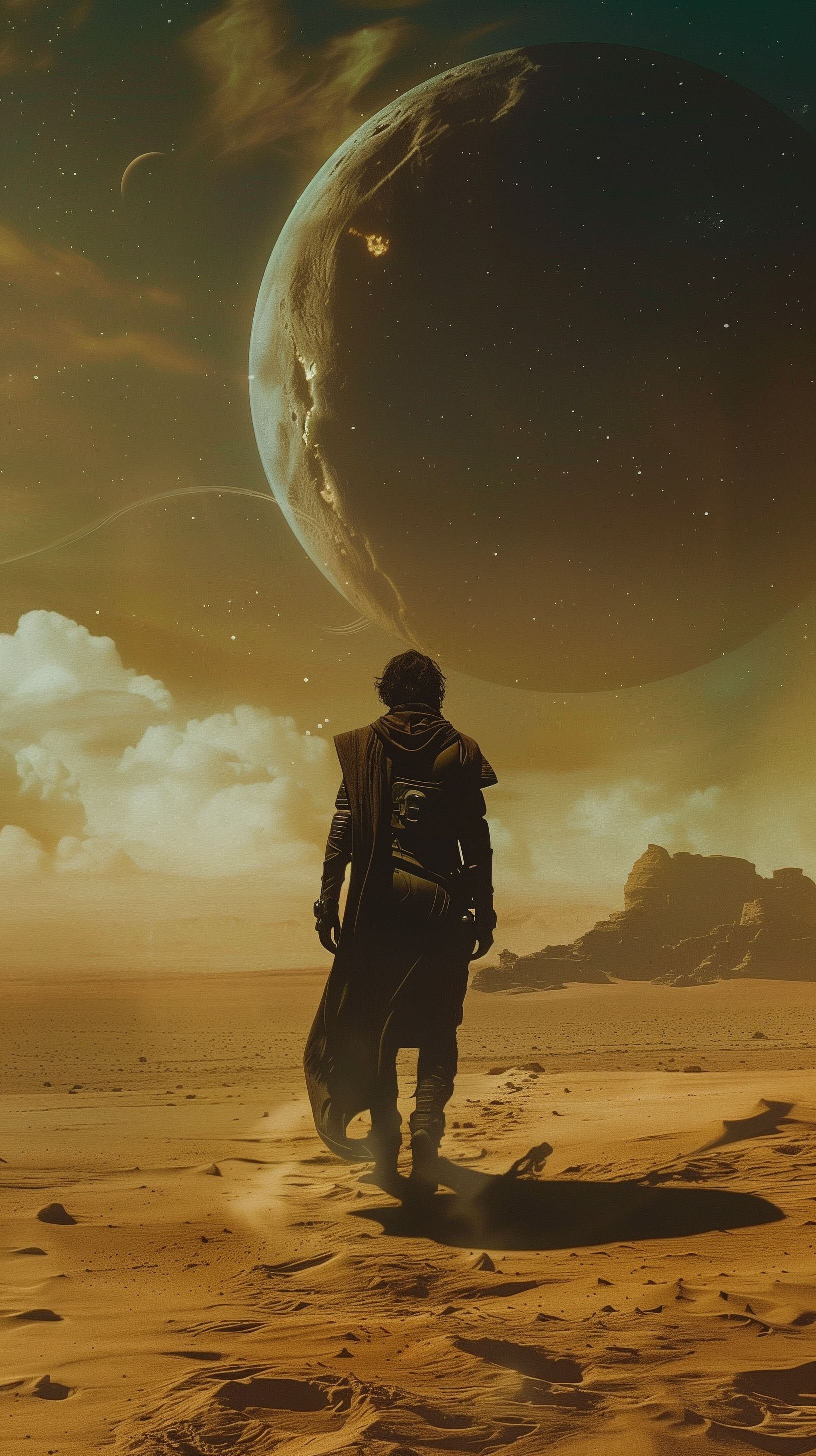 Dune movie-inspired sci-fi phone wallpaper featuring a lone figure on a desert planet with a large moon in the background.