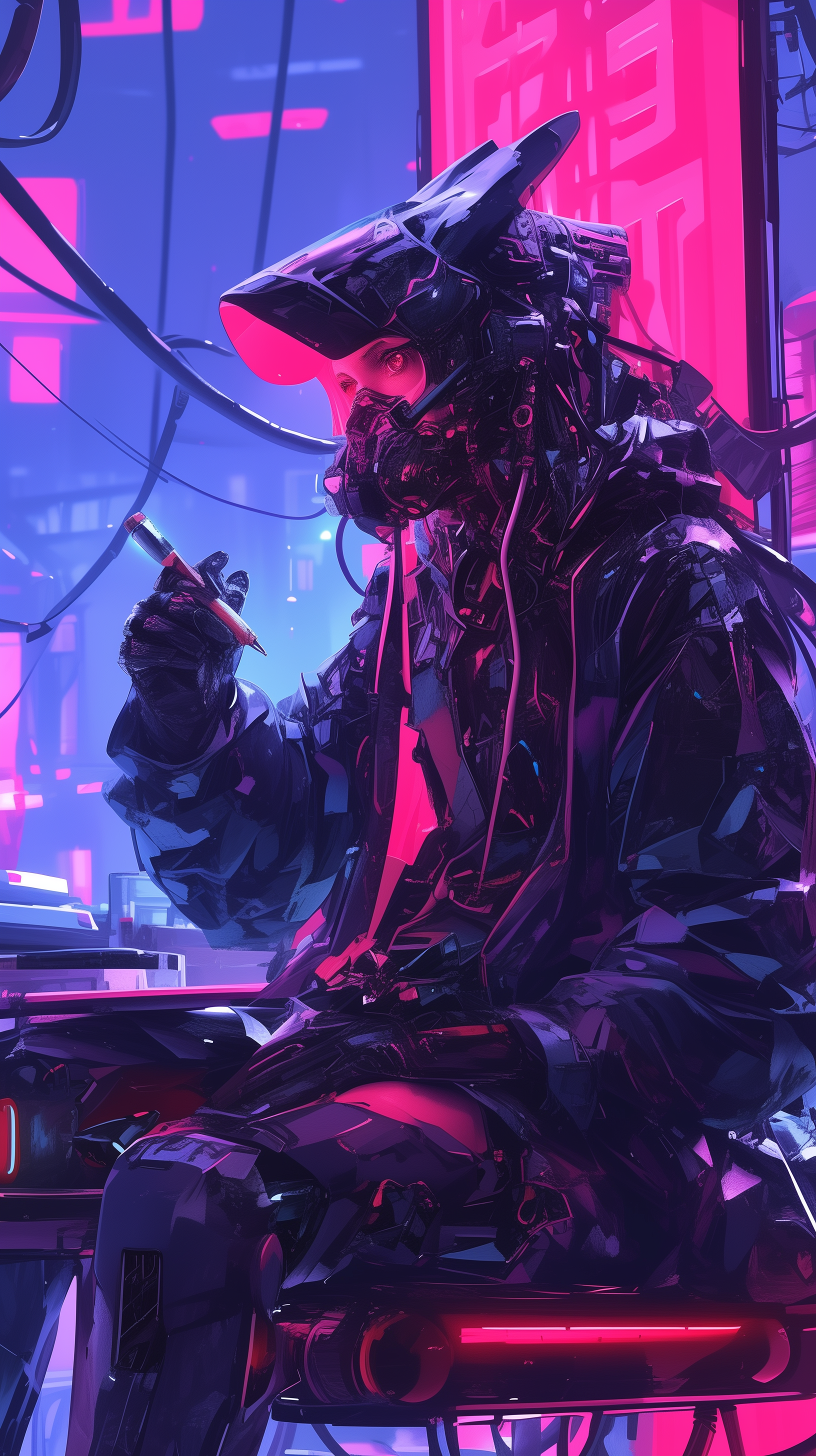 Cyberpunk-themed sci-fi phone wallpaper featuring a character in futuristic gear against a neon cityscape background.