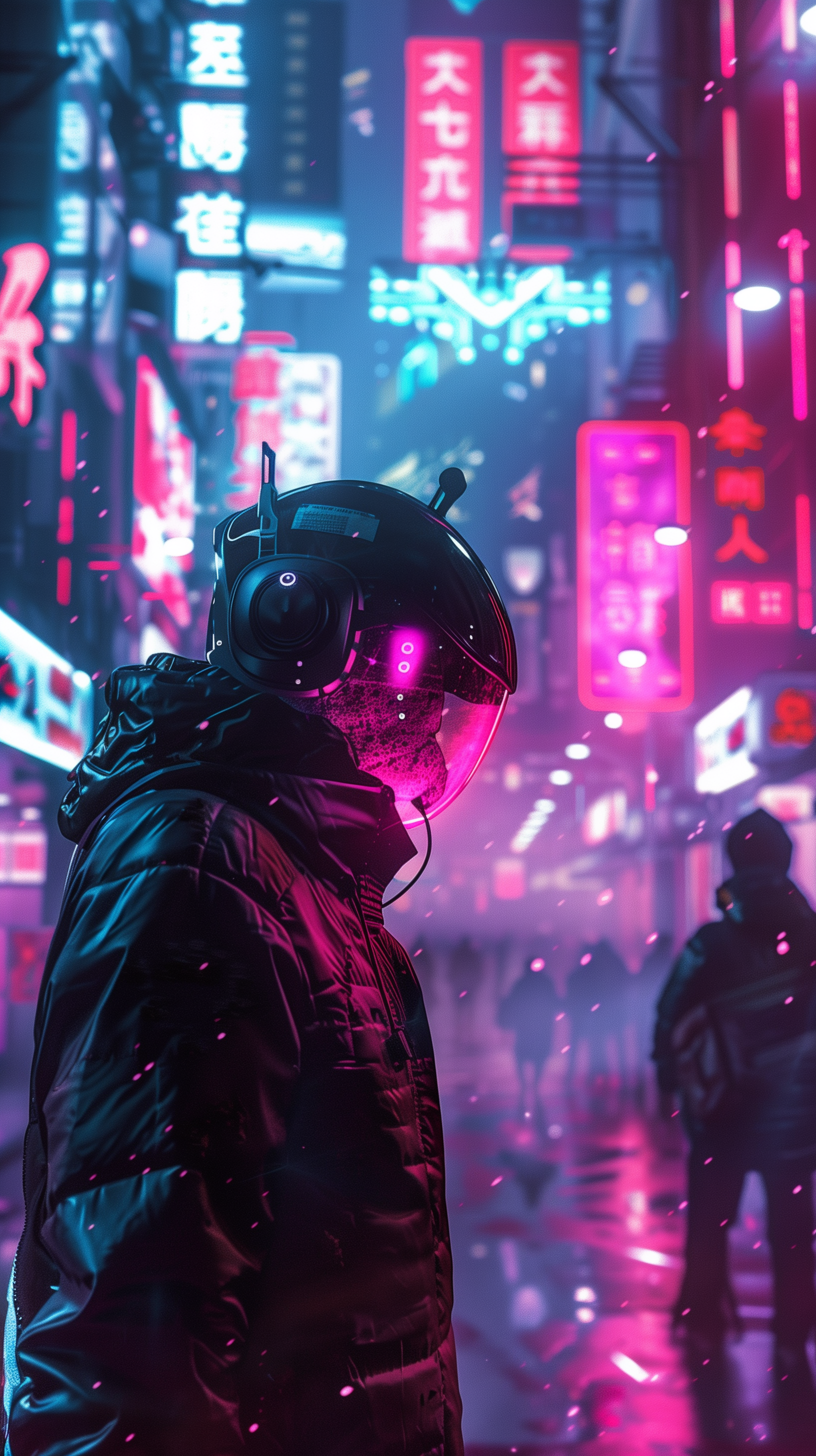 Cyberpunk-themed sci-fi phone wallpaper featuring a person in a futuristic helmet against a neon-lit cityscape.