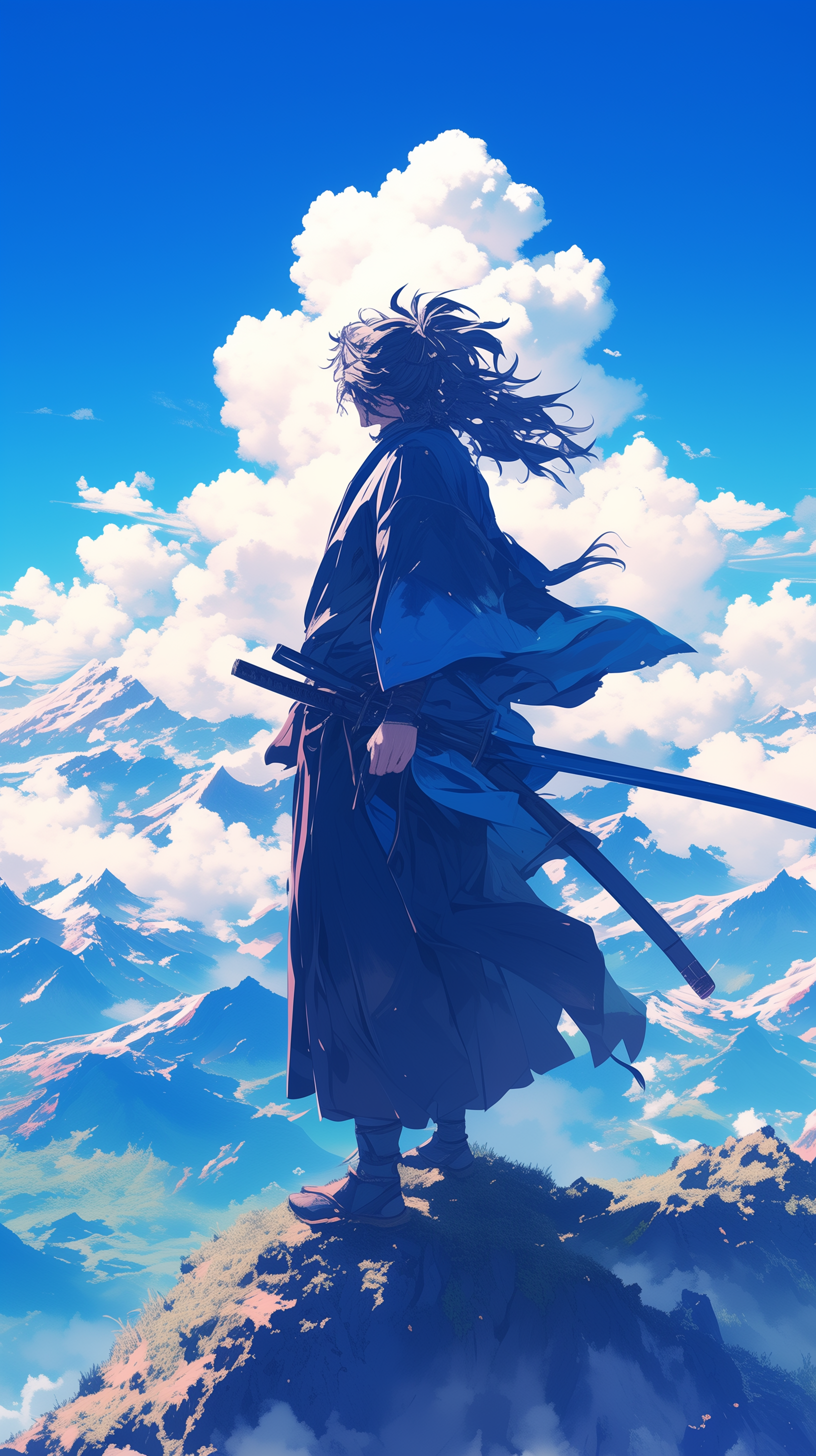 Anime-style samurai with flowing hair standing atop a mountain, with majestic blue skies and fluffy clouds in the background - phone wallpaper.