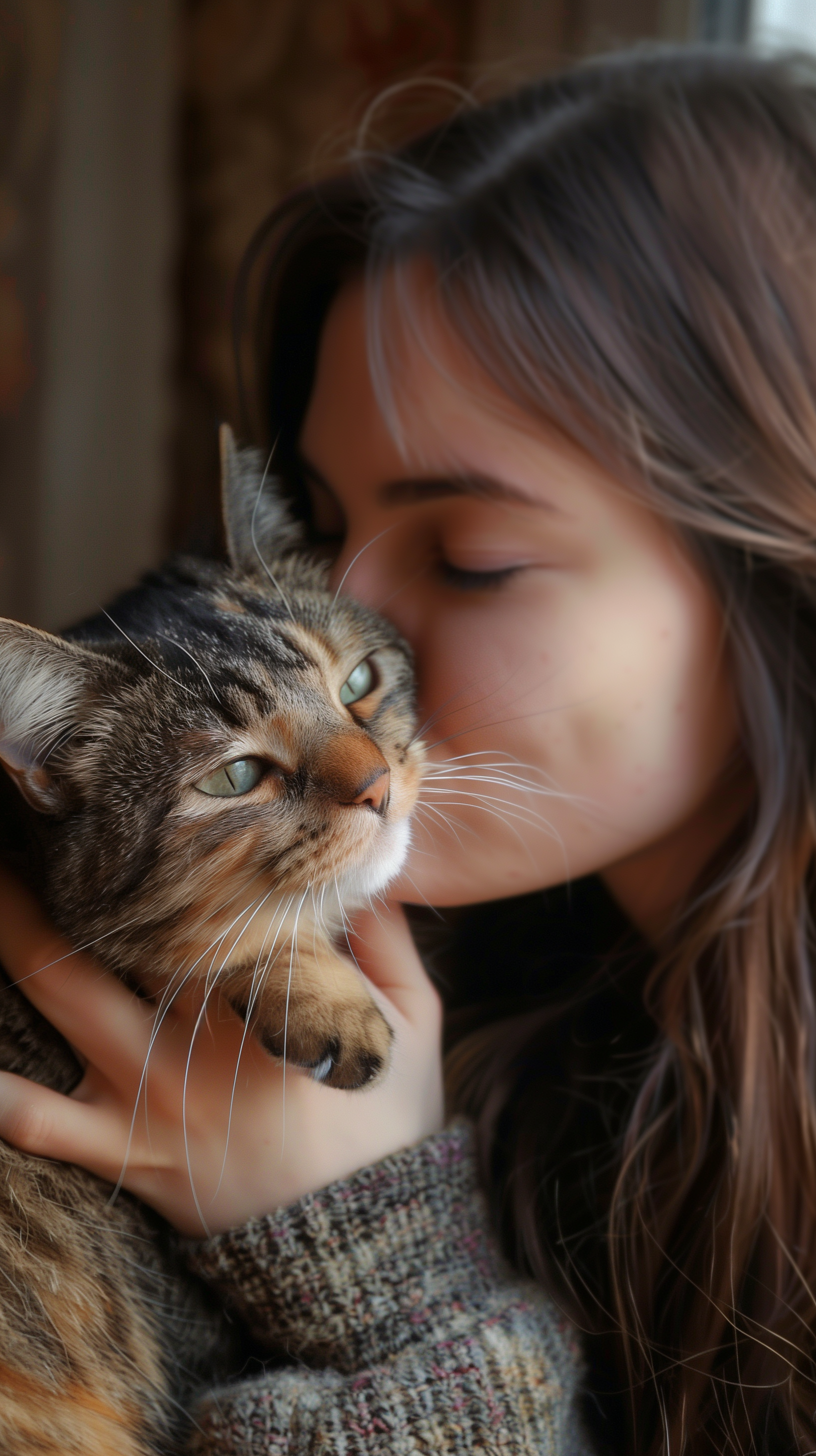 A cozy phone wallpaper featuring a woman gently kissing her affectionate cat, capturing a sweet moment of companionship and warmth.