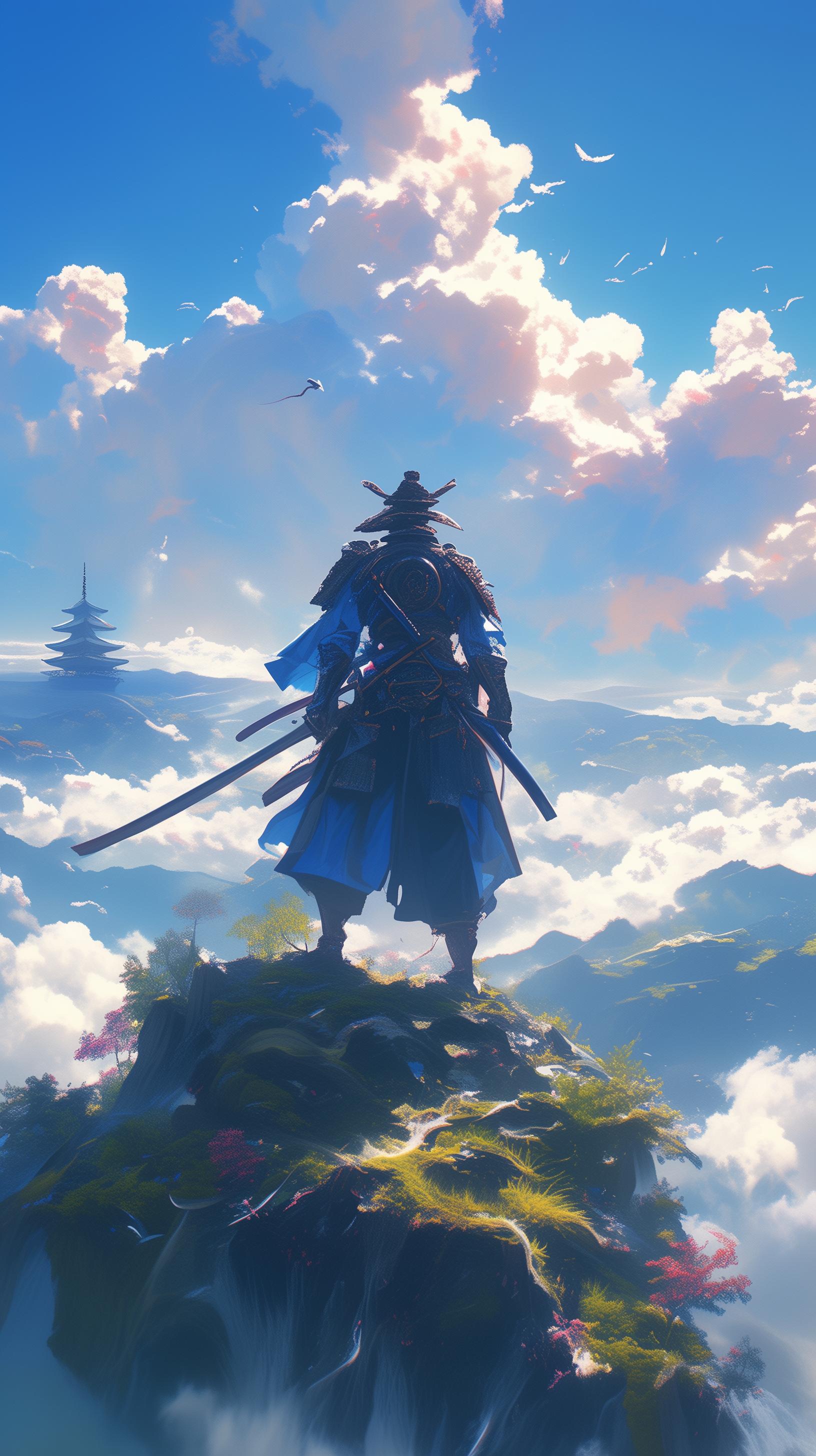 Epic samurai warrior phone wallpaper depicting a lone samurai standing atop a mountain with a serene sky and traditional architecture in the background.