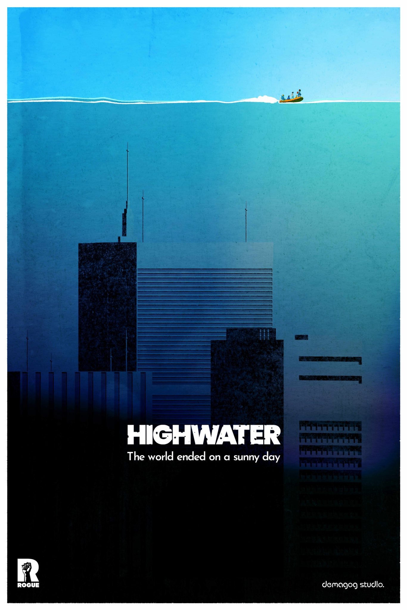 Phone wallpaper featuring Highwater video game art with submerged skyscrapers under a moody blue sky with text 'The world ended on a sunny day'.